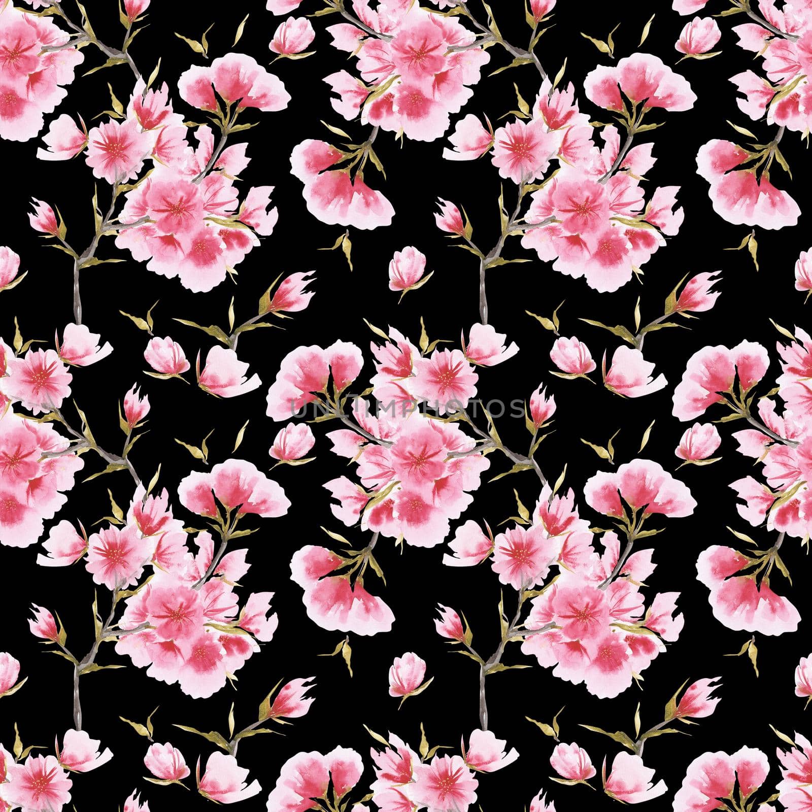 Watercolor cherry blossom in asian one-stroke painting style. Seamless pattern on a black background, path included