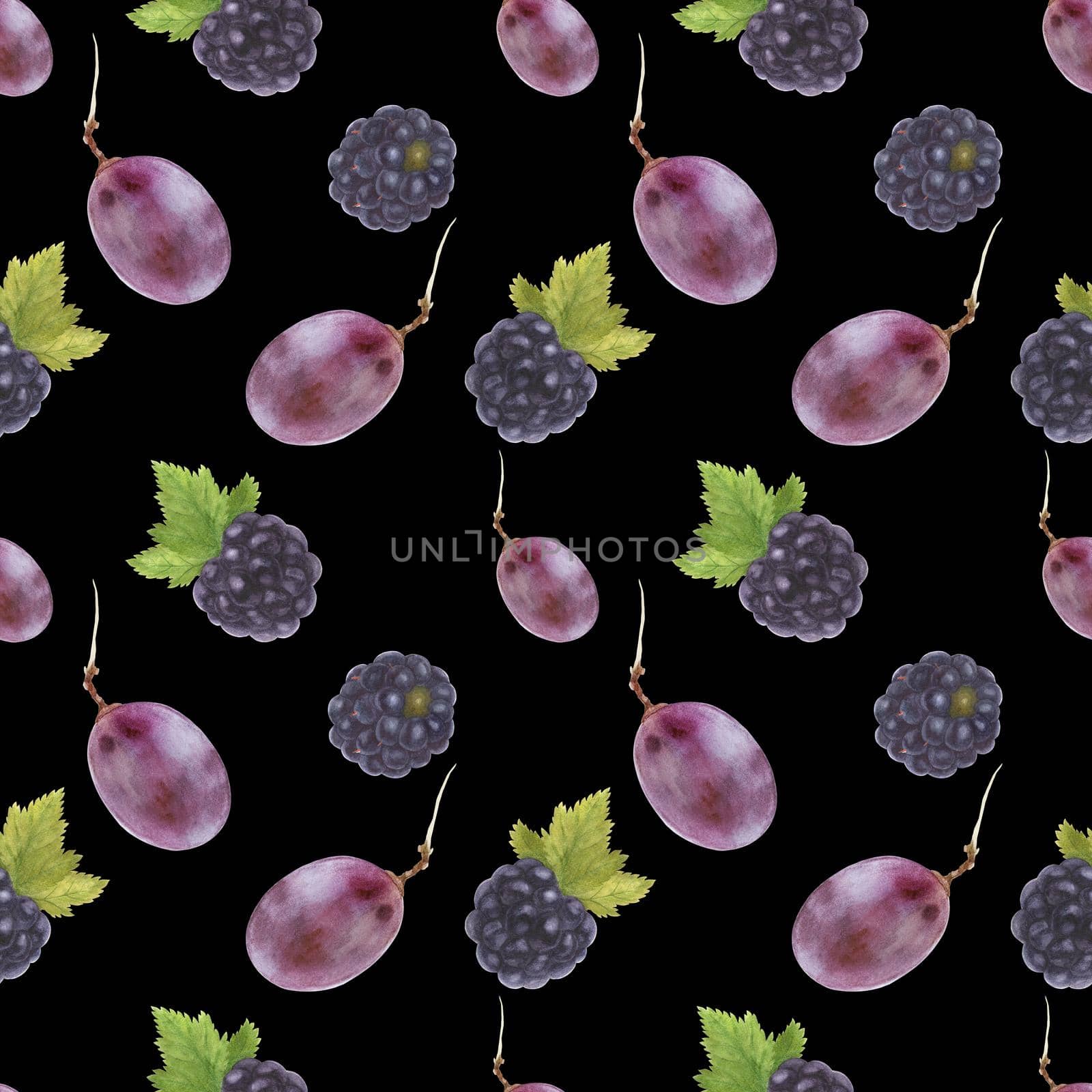 Modern watercolor botanical illustration. Blackberry and grape . Seamless pattern, black background