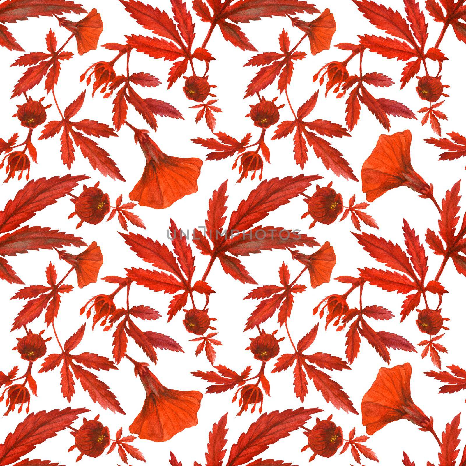 Watercolor cranberry hibiscus garden seamless pattern. Flowers and buds on a branch.