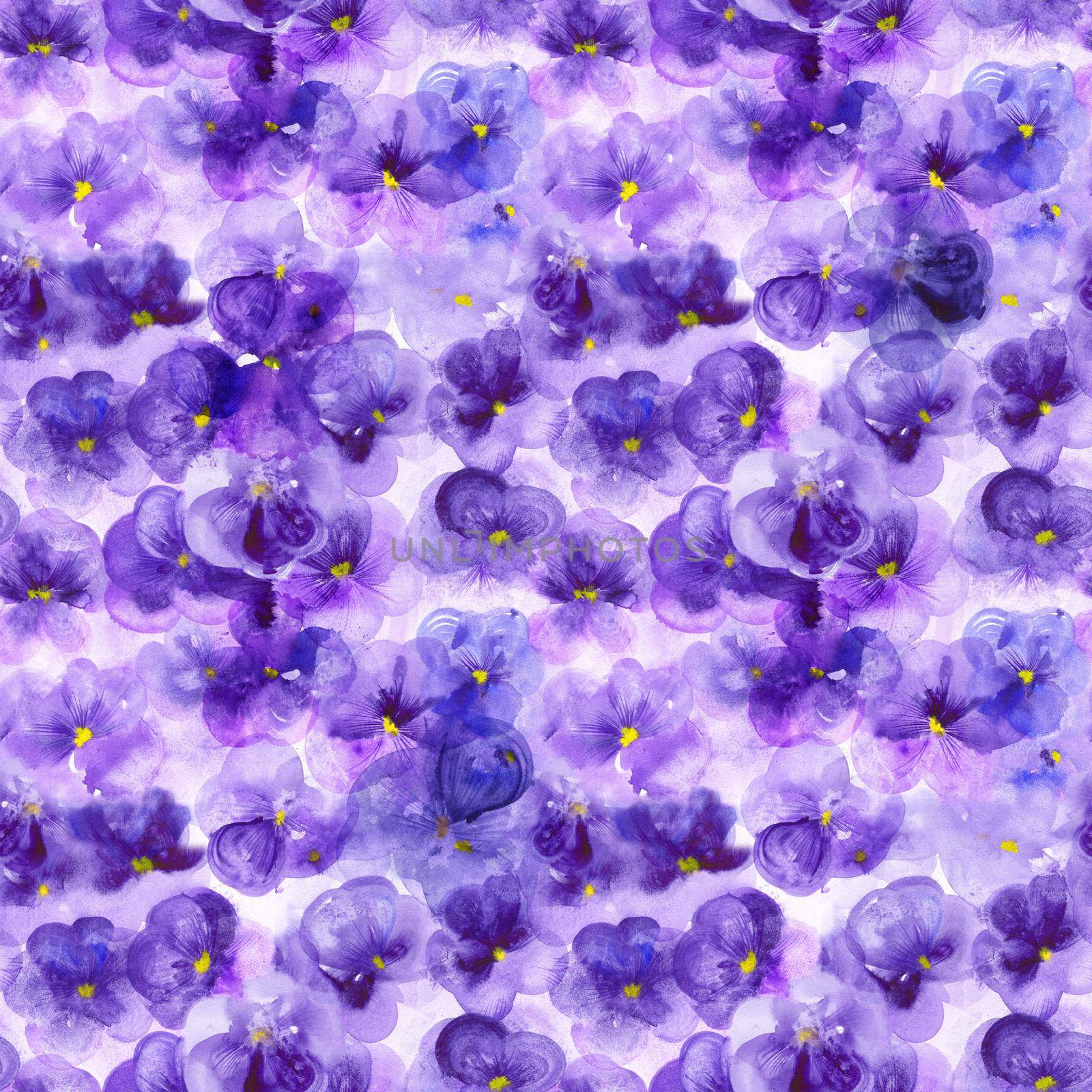 Purple flowers pansies. Watercolor seamless pattern