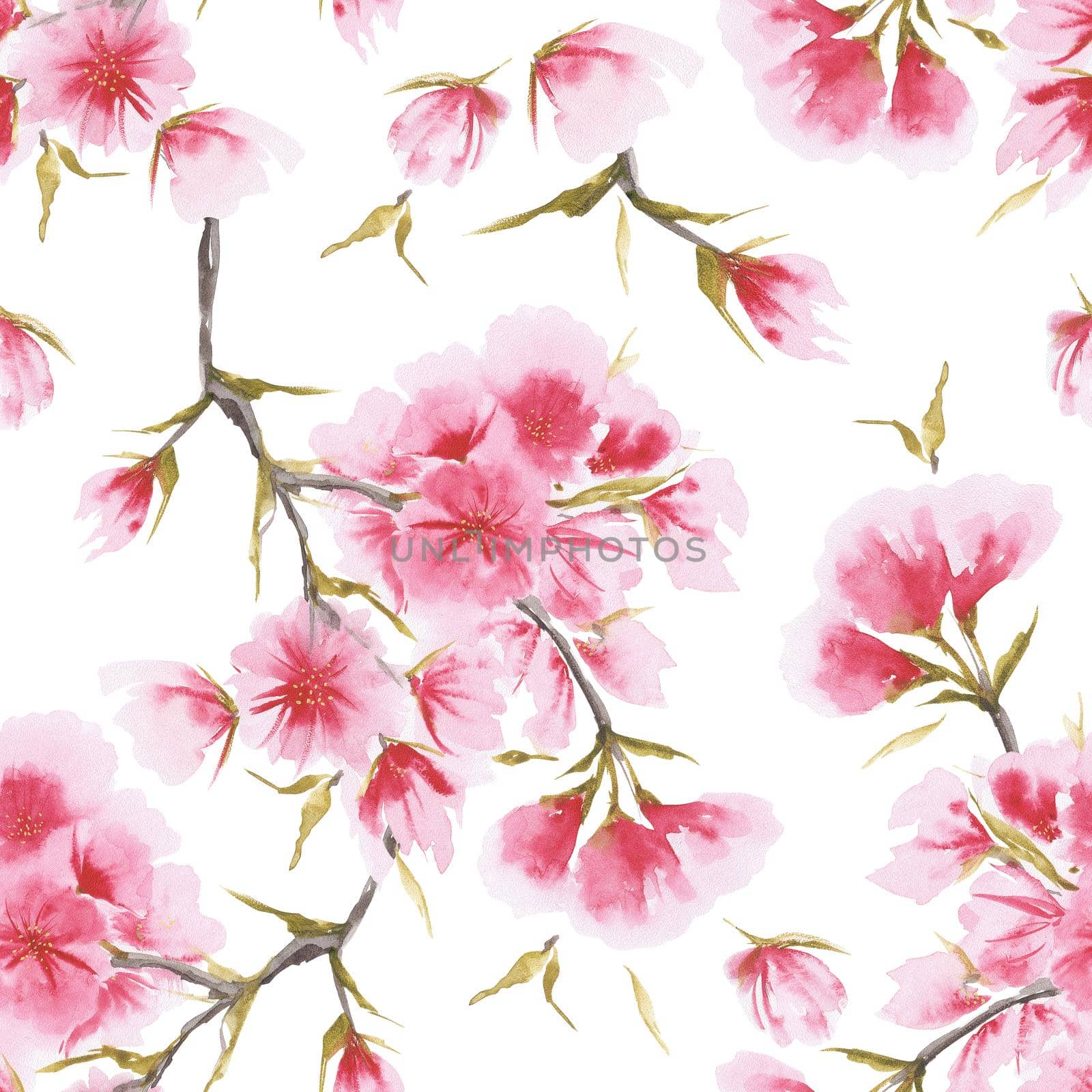 Watercolor cherry blossom in asian one-stroke painting style. Seamless pattern on a white background, path included