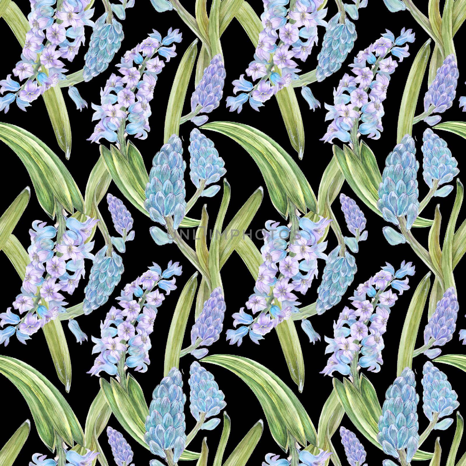 Watercolor botanical seamless pattern with hyacinth on a white background