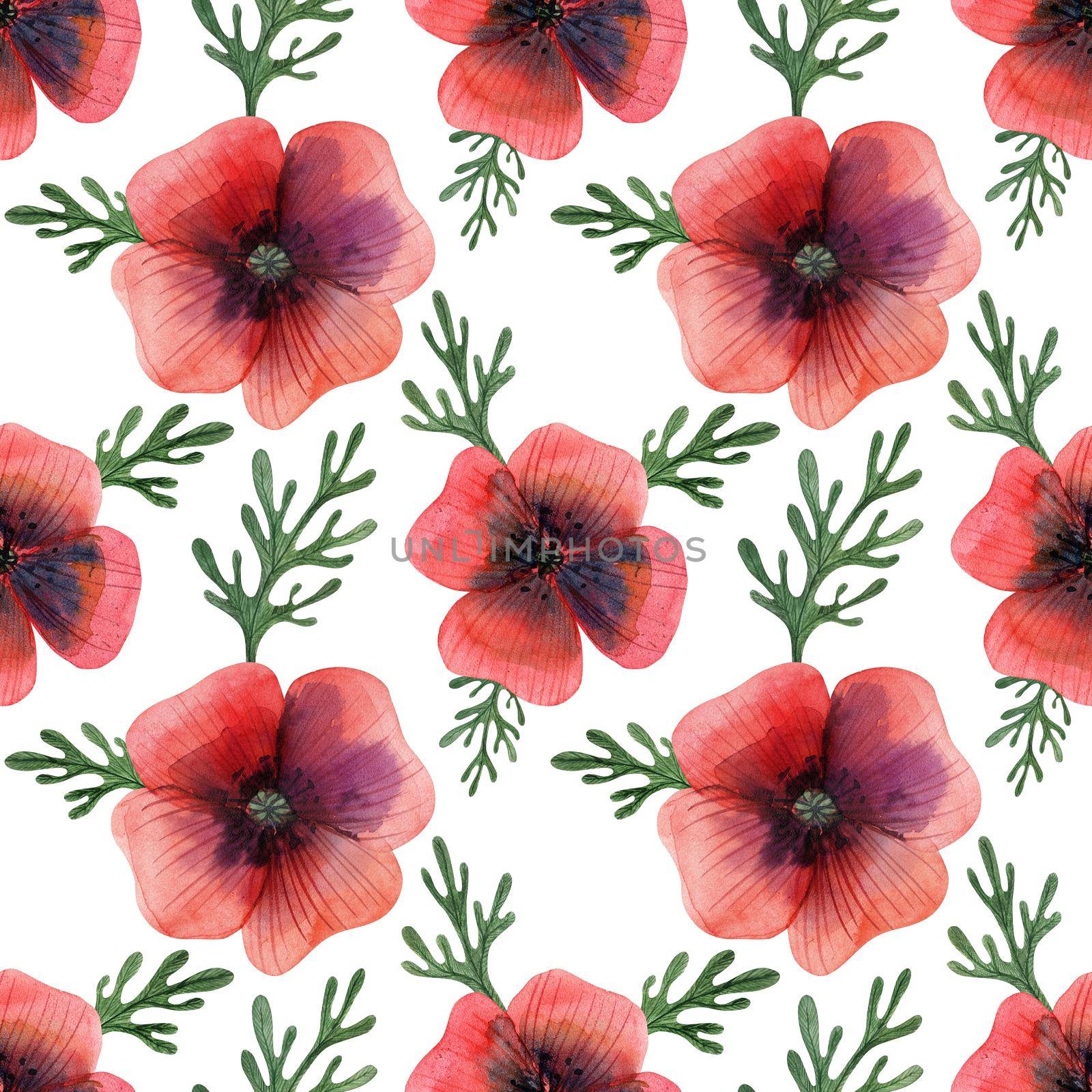 Decorative watercolor illustration. Pink red poppy flowers and leaves. Seamless pattern with path