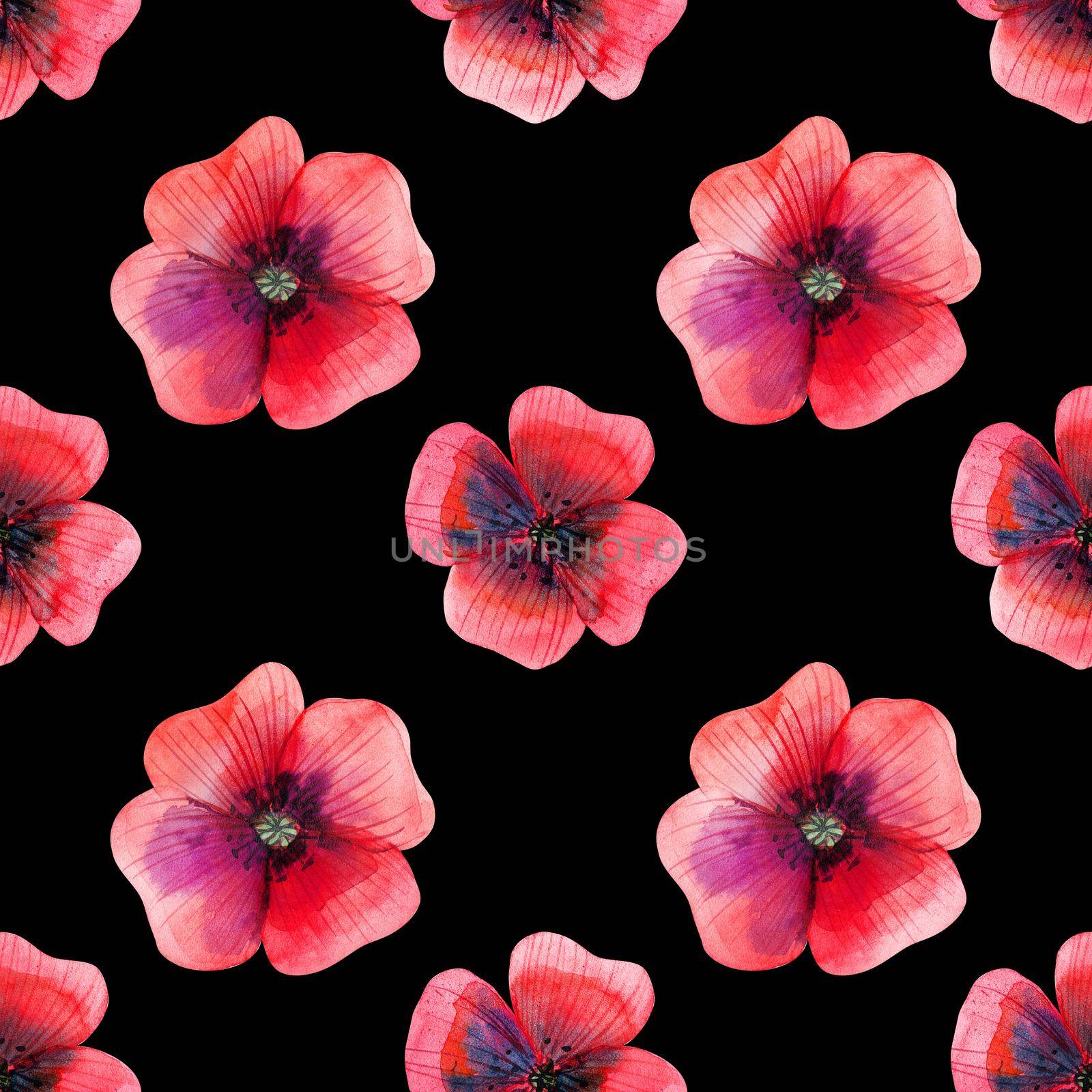 Decorative watercolor illustration. Red poppy flowers. Seamless pattern with included path