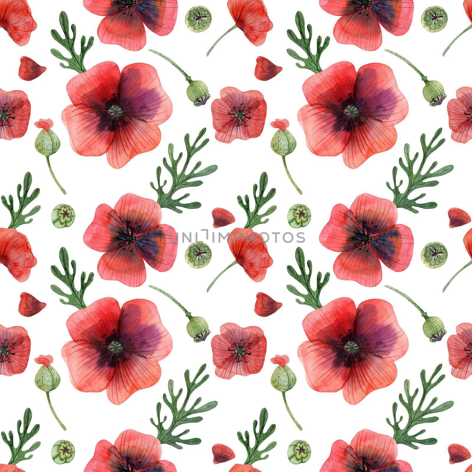 Decorative watercolor illustration. Wild Poppy. Seamless pattern with path