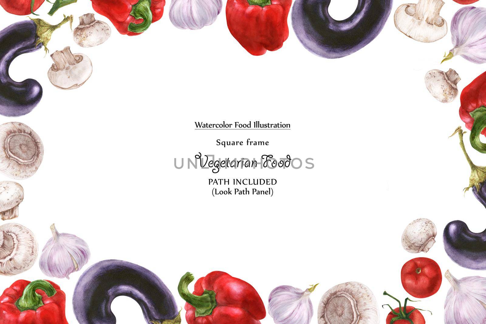Watercolor wide vegan frame by freshness eggplant,mushroom, tomato, pepper and garlic. Isolated, clipping path included, vegan design