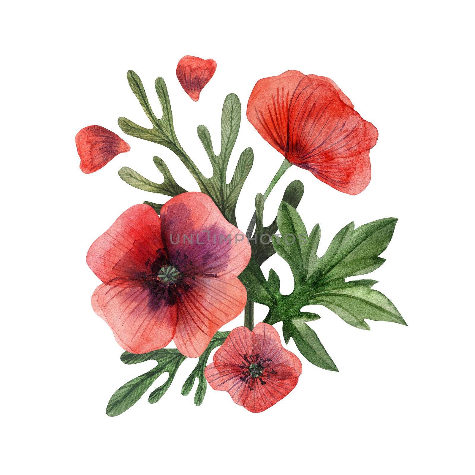 Poppy and grass hand painted watercolor boutonniere. Flowers and branches and leaves on a white background. Isolated, path included.