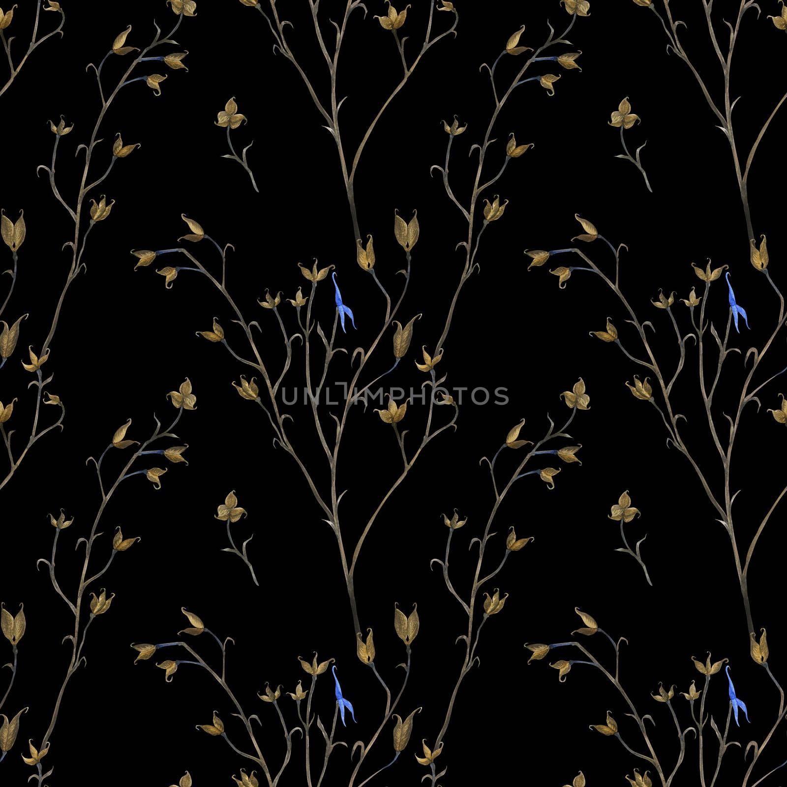 Watercolor seamless pattern Aconitum plant aka Wolfsbane plant. Realistic style, black background, path included
