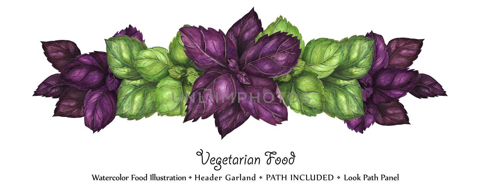 Watercolor vegan headline garland by freshness green and purple basil leaves. Isolated, clipping path included, vegan design