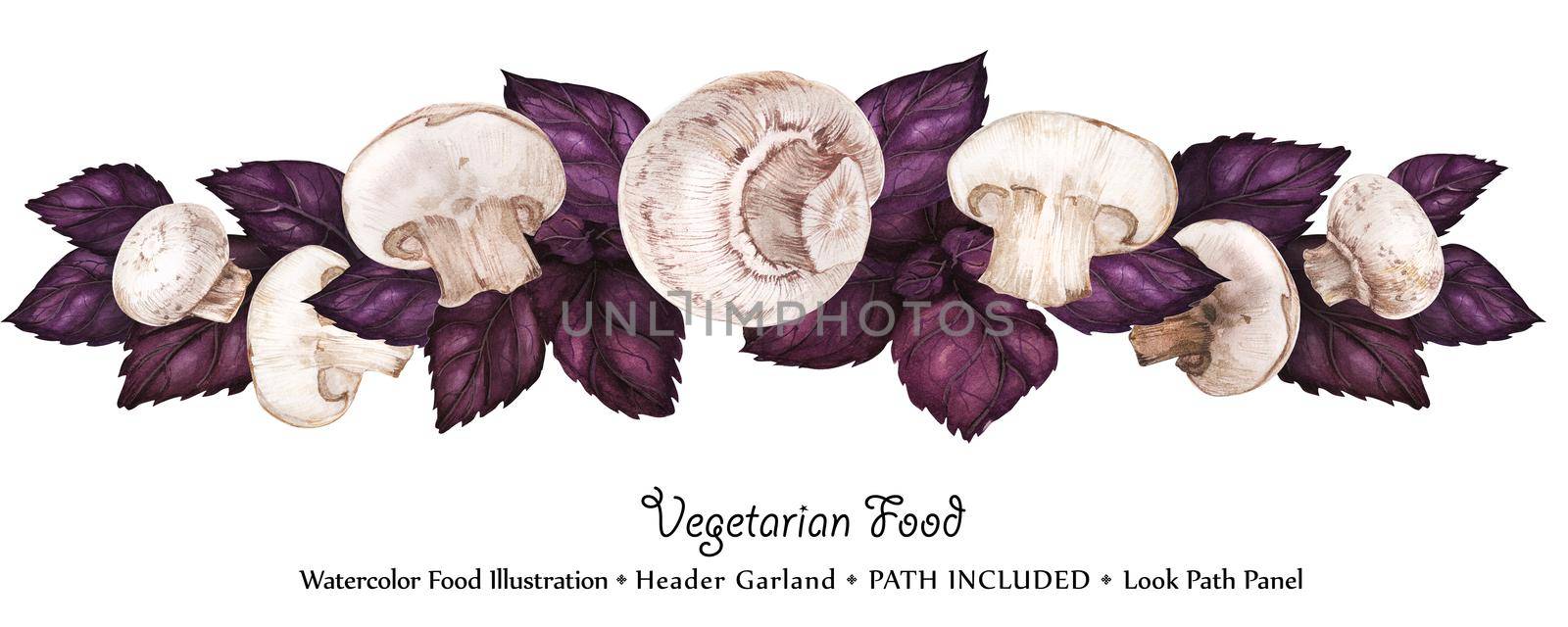 Watercolor vegan headline garland by freshness purple basil leaves and champignons. Isolated, clipping path included, vegan design