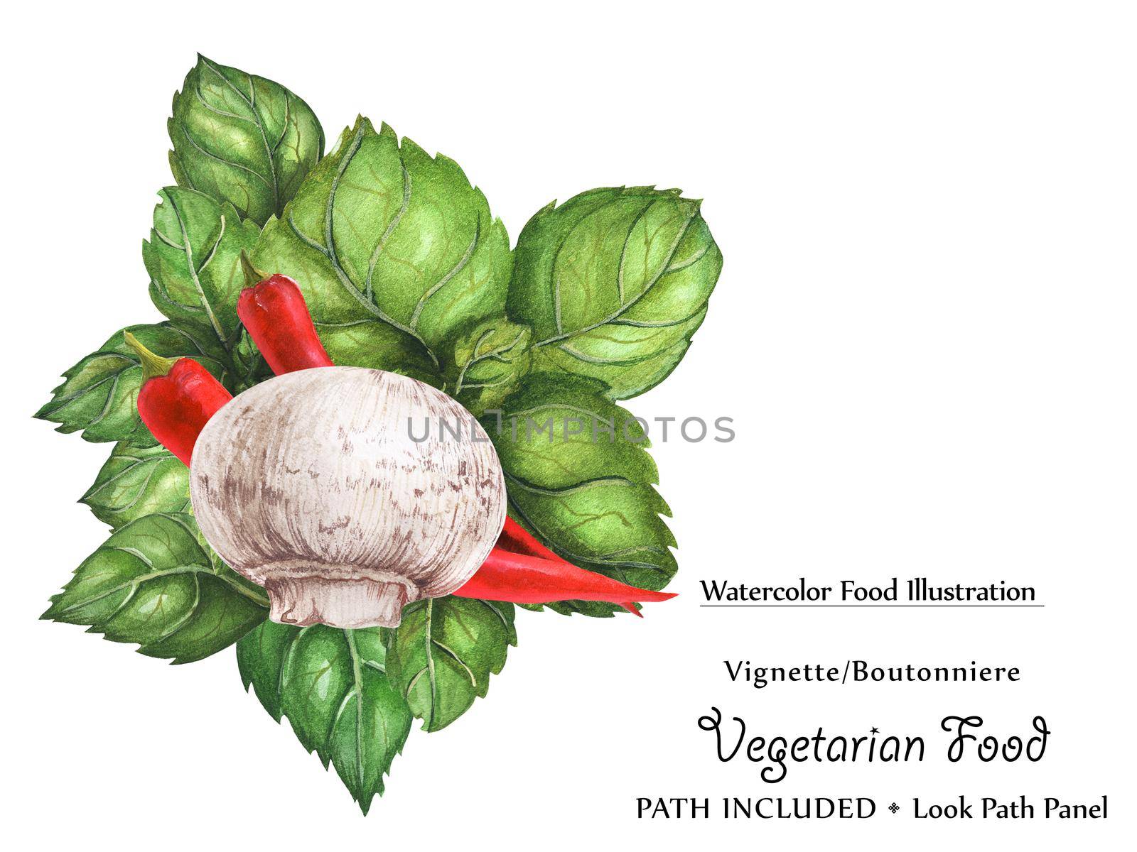 Watercolor vegan vignette biutonniere by freshness green basil leaves, chili peppers and champignon. Isolated, clipping path included, vegan design