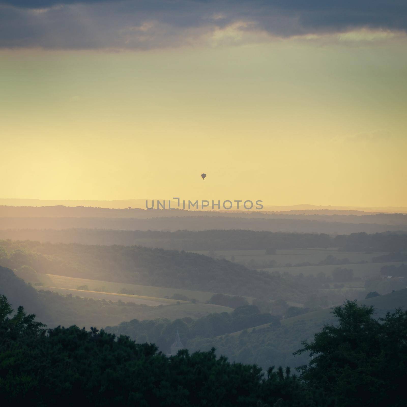 Evening view from top of Butser Hill with hot air balloon on horizon, Hampshire by PhilHarland