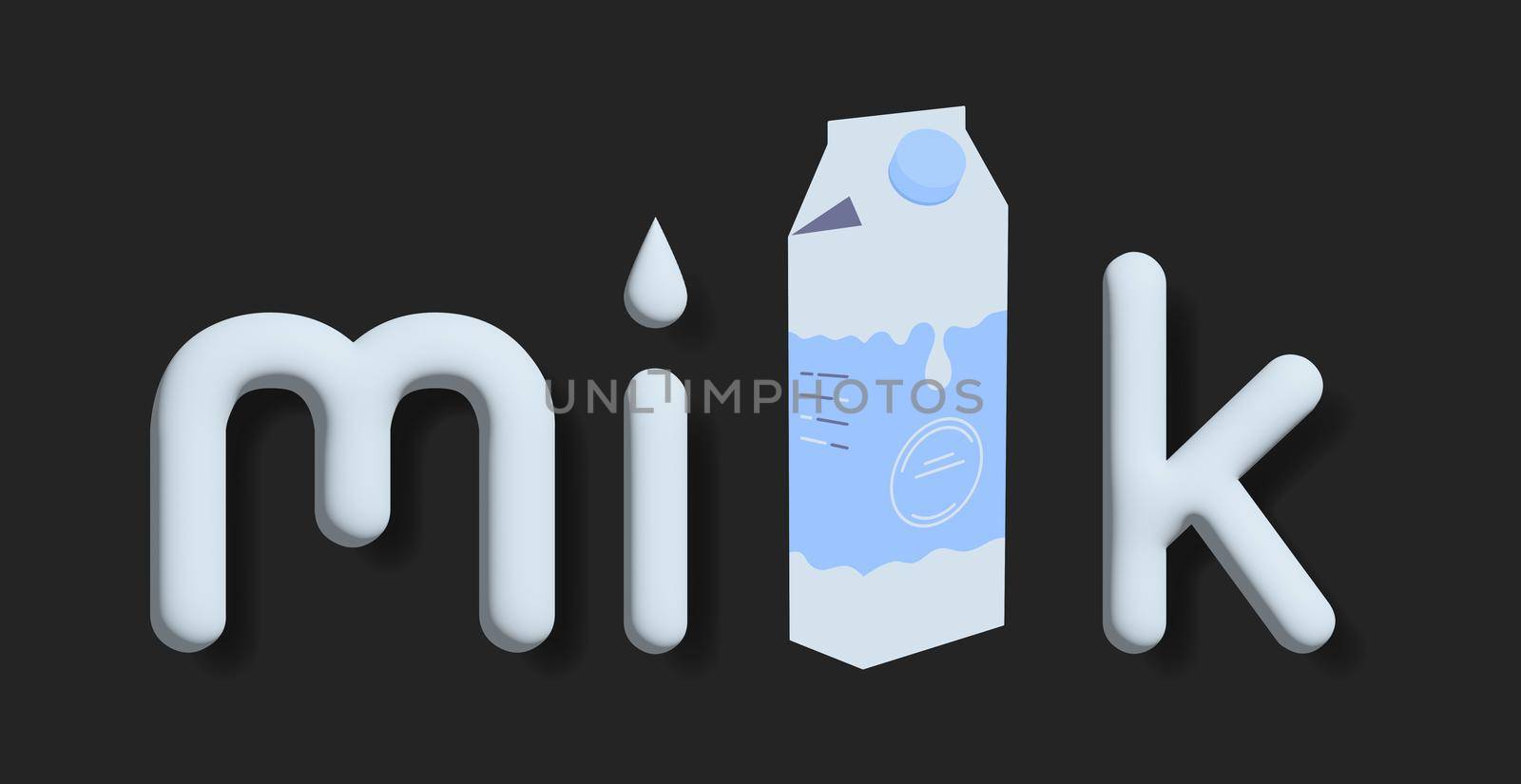 Text written with milk, splashes and drops. Stylish design for a brand, label or advertisement - 3D image