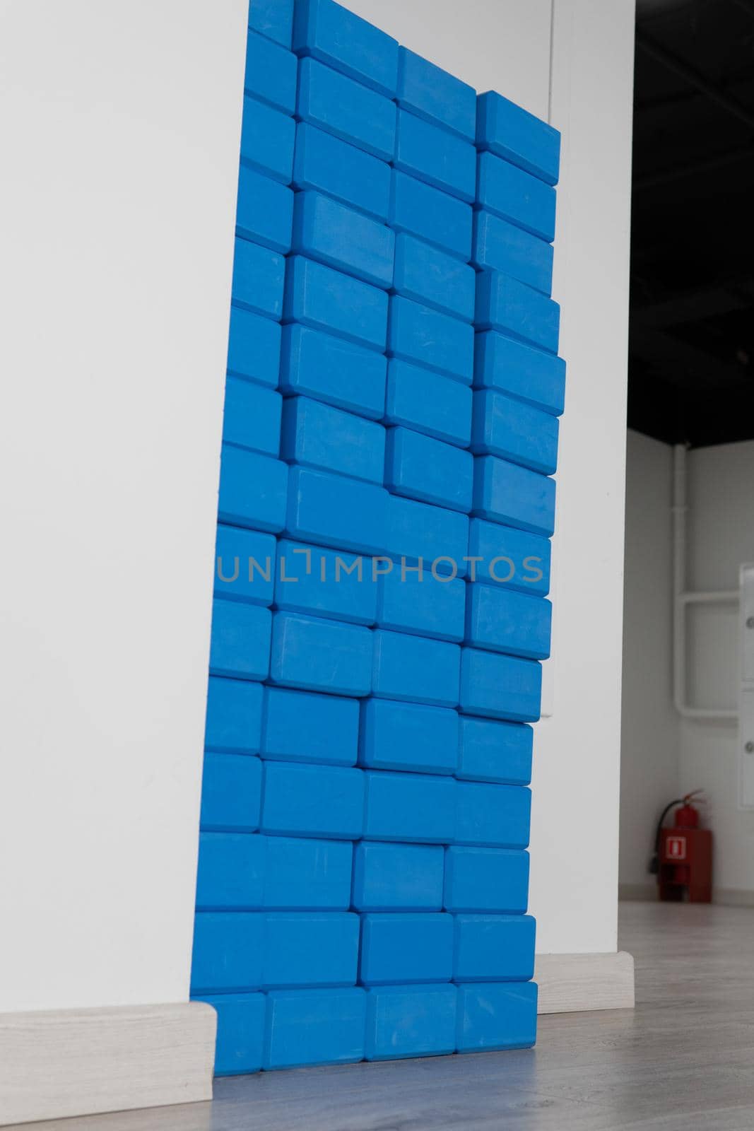 Yoga white exercise fitness equipment background block brick workout props, for group blue from studio from up pilates, concept pink. ,