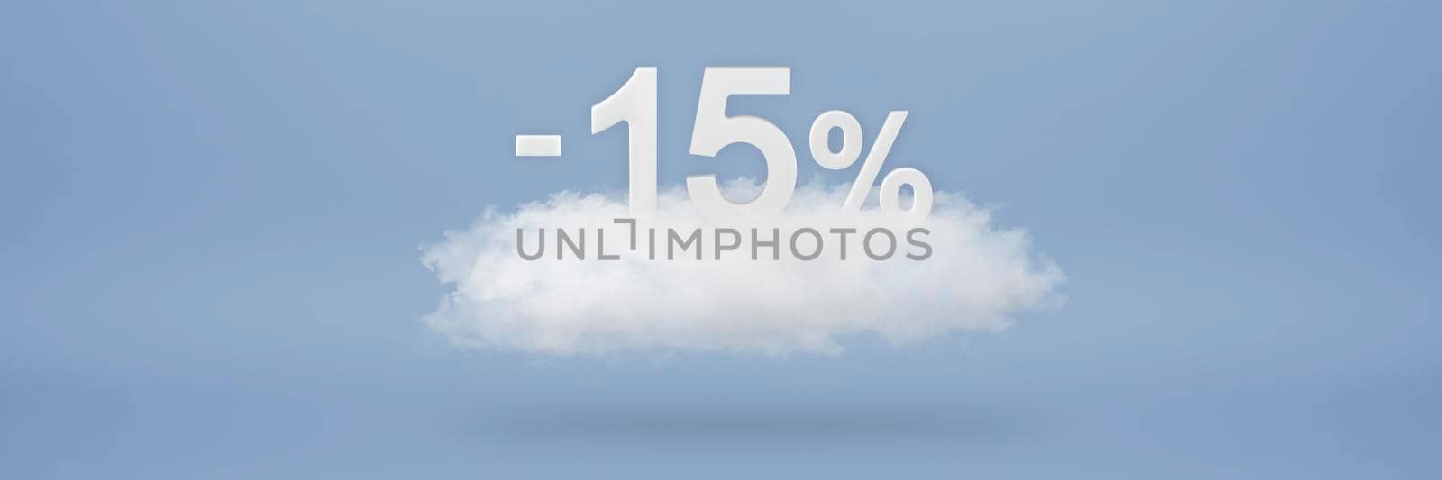 Discount 15 percent. Big discounts, sale up to fifteen percent. 3D numbers float on a cloud on a blue background. Copy space. Advertising banner and poster to be inserted into the project.