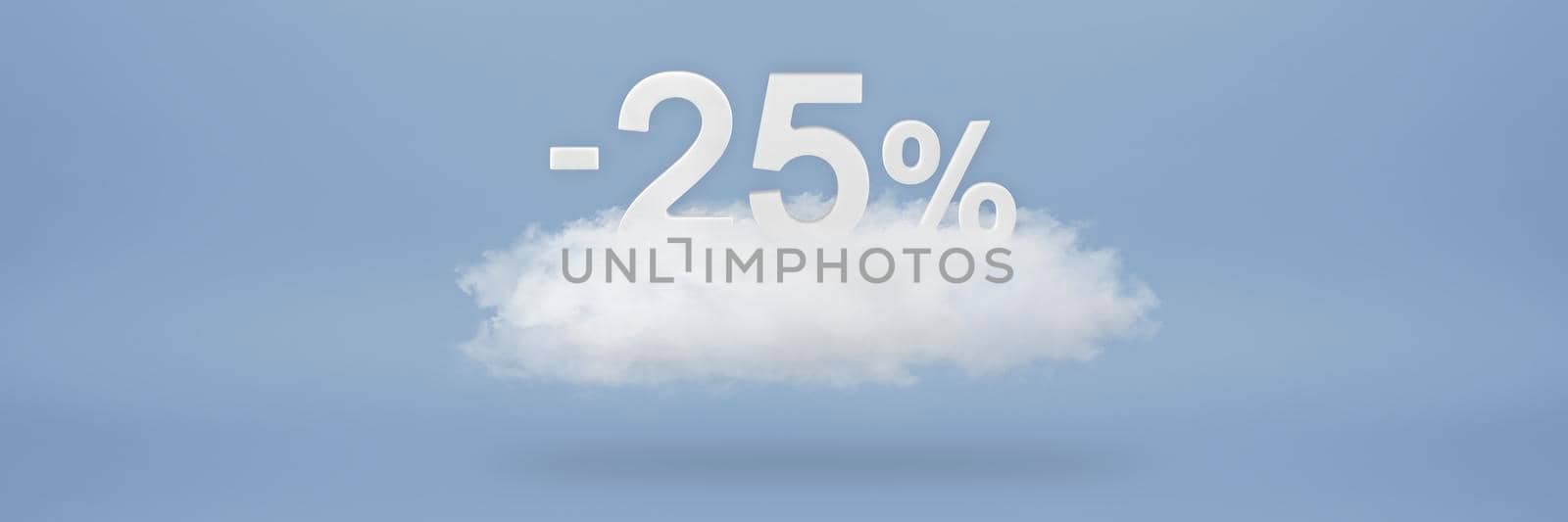 Discount 25 percent. Big discounts, sale up to twenty five percent. 3D numbers float on a cloud on a blue background. Copy space. Advertising banner and poster to be inserted into the project by SERSOL