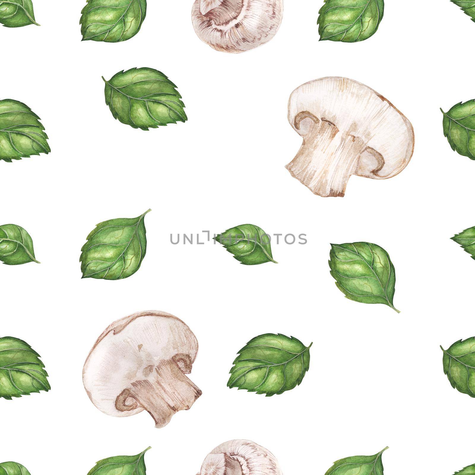 Vegan watercolor seamless pattern with basil leaves and champignons. White background, isolated, clipping path included