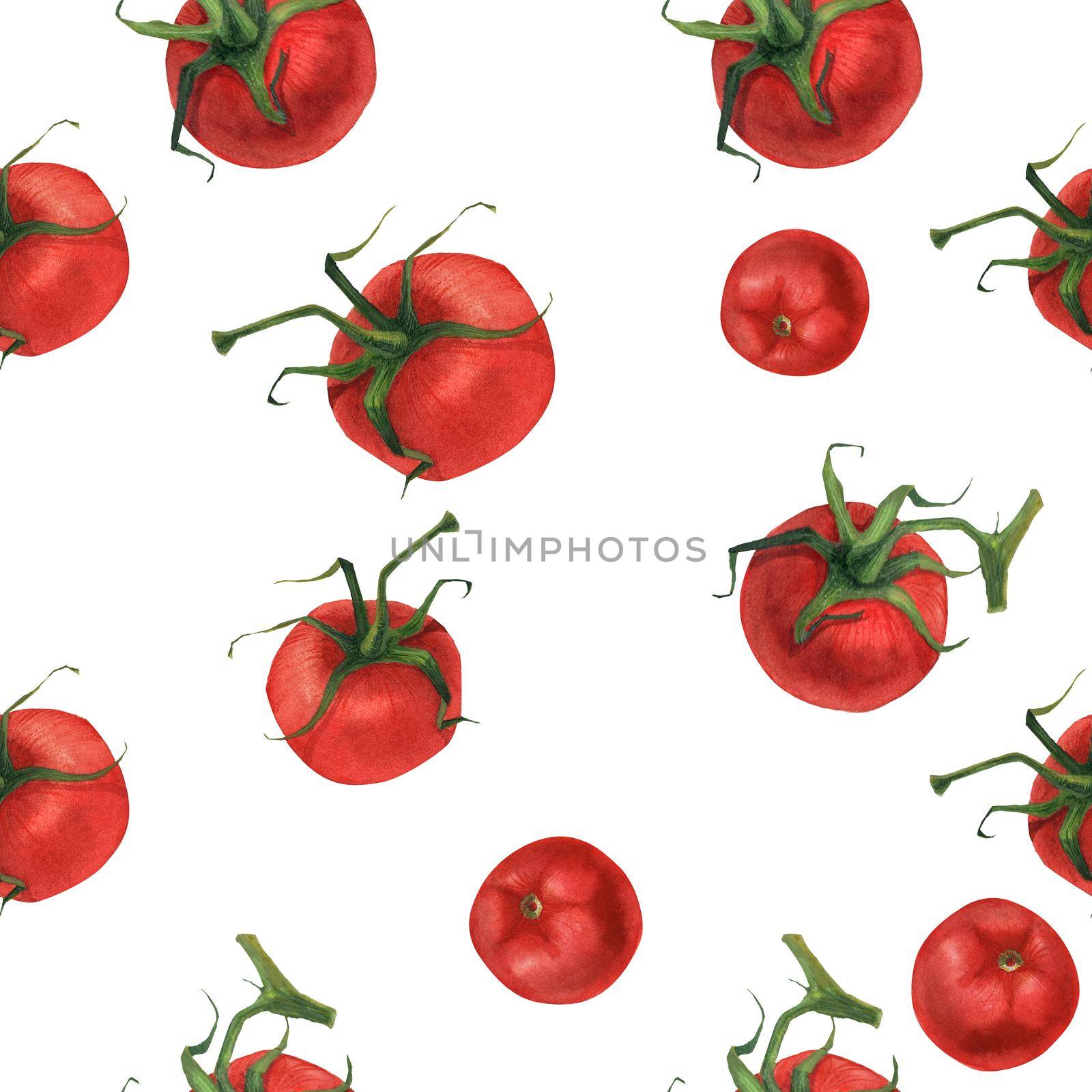 Vegan watercolor seamless pattern with red tomato. White background, isolated, clipping path included