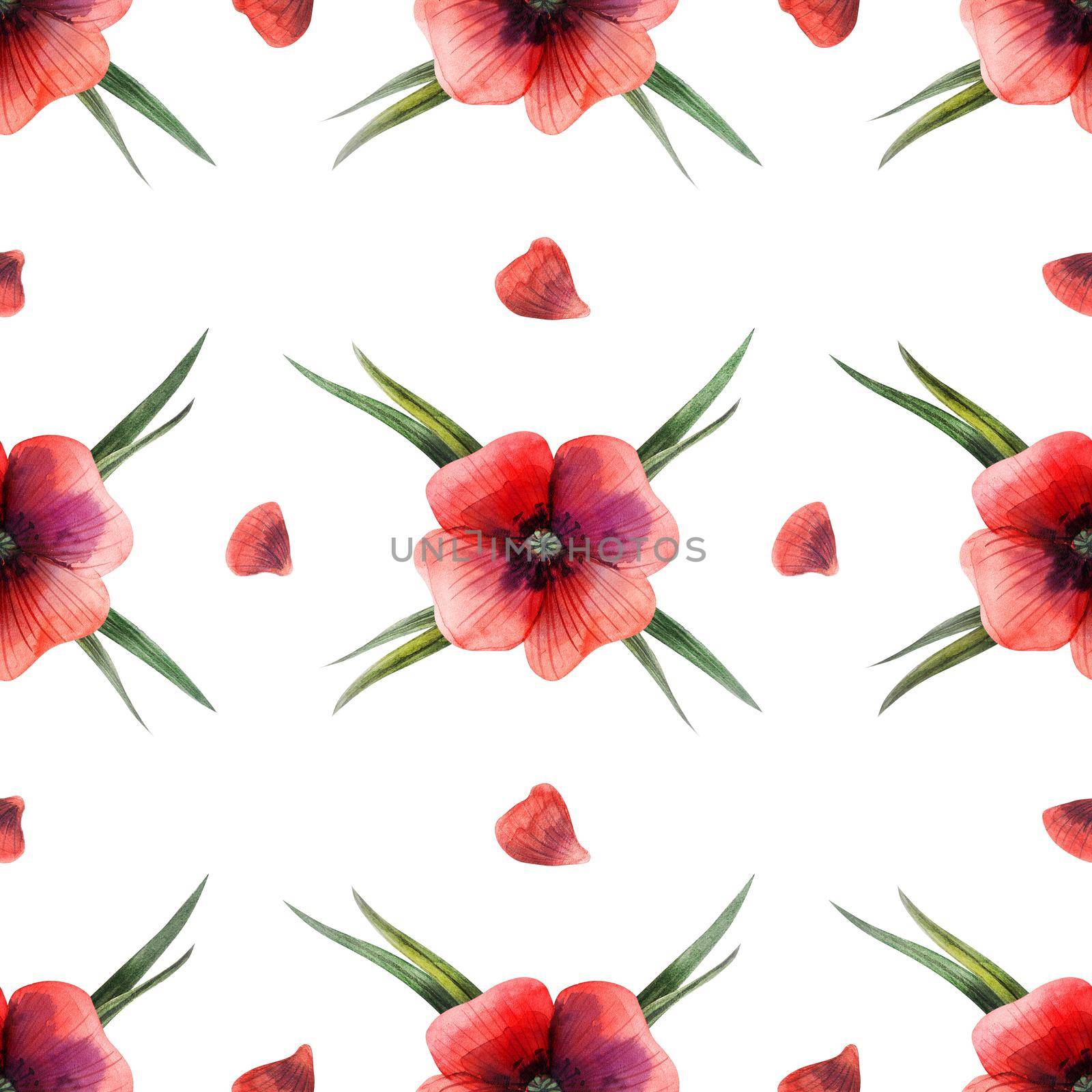 Decorative watercolor illustration. Red poppy flowers and green grass. Seamless pattern with included path