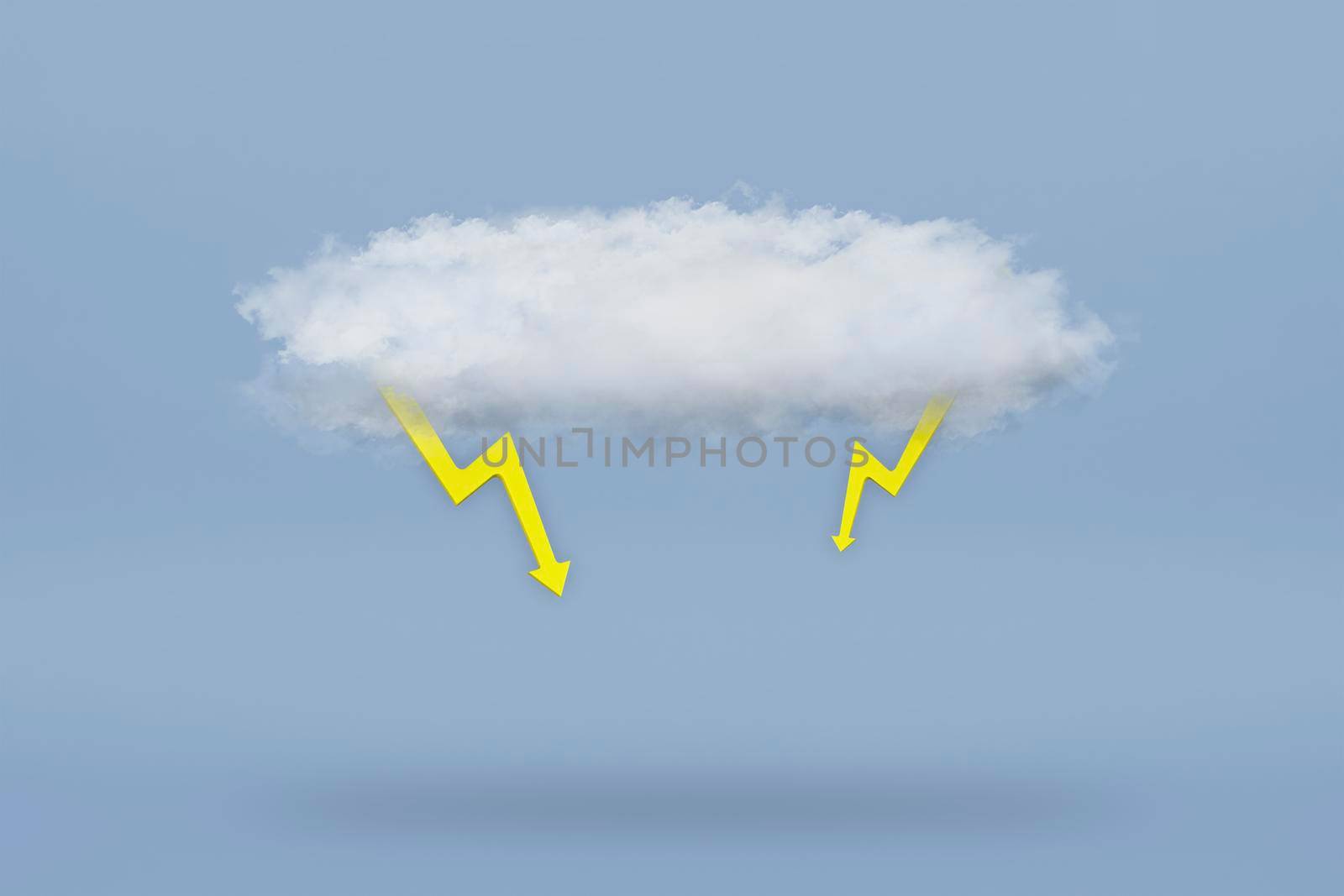 White cloud with two yellow lightning bolts isolated on a blue background. Air lush 3d cloud casts a shadow on a blue background. For project or banner by SERSOL