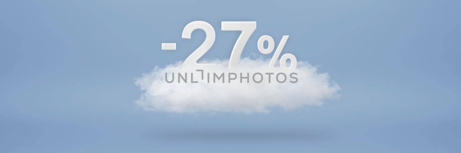 Discount 27 percent. Big discounts, sale up to twenty seven percent. 3D numbers float on a cloud on a blue background. Copy space. Advertising banner and poster to be inserted into the project.