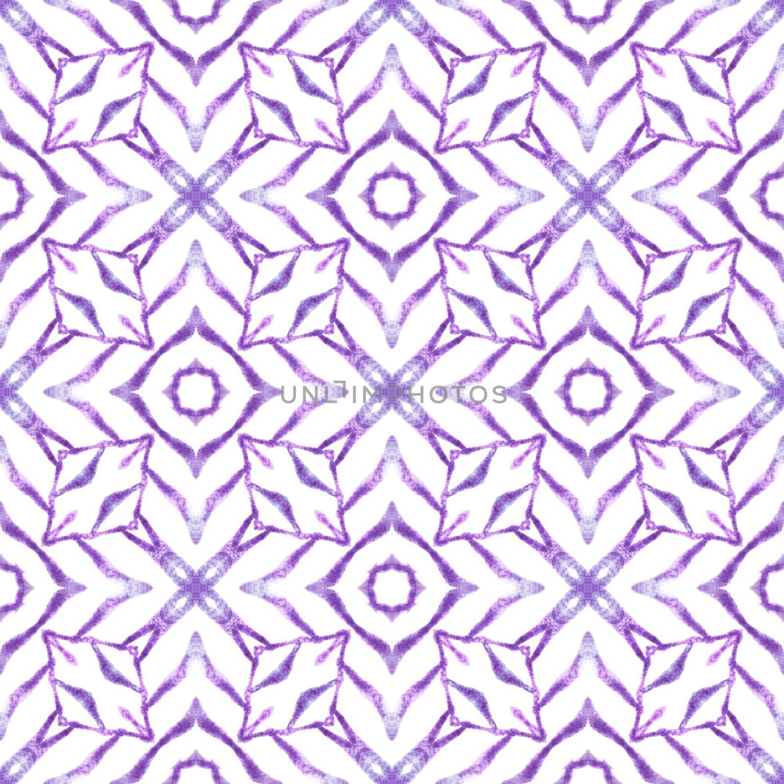 Watercolor summer ethnic border pattern. Purple precious boho chic summer design. Textile ready magnificent print, swimwear fabric, wallpaper, wrapping. Ethnic hand painted pattern.