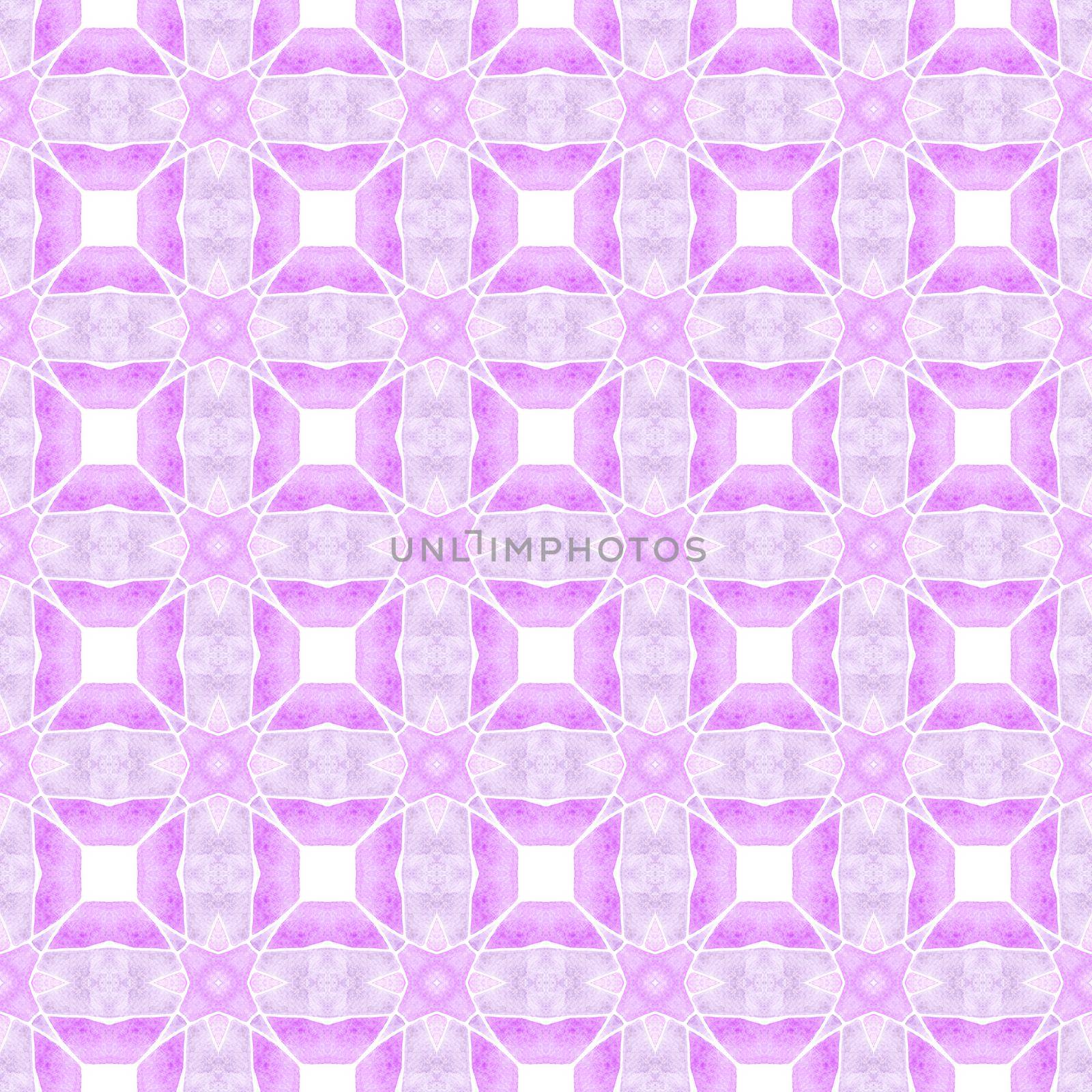 Textile ready alive print, swimwear fabric, wallpaper, wrapping. Purple posh boho chic summer design. Tiled watercolor background. Hand painted tiled watercolor border.