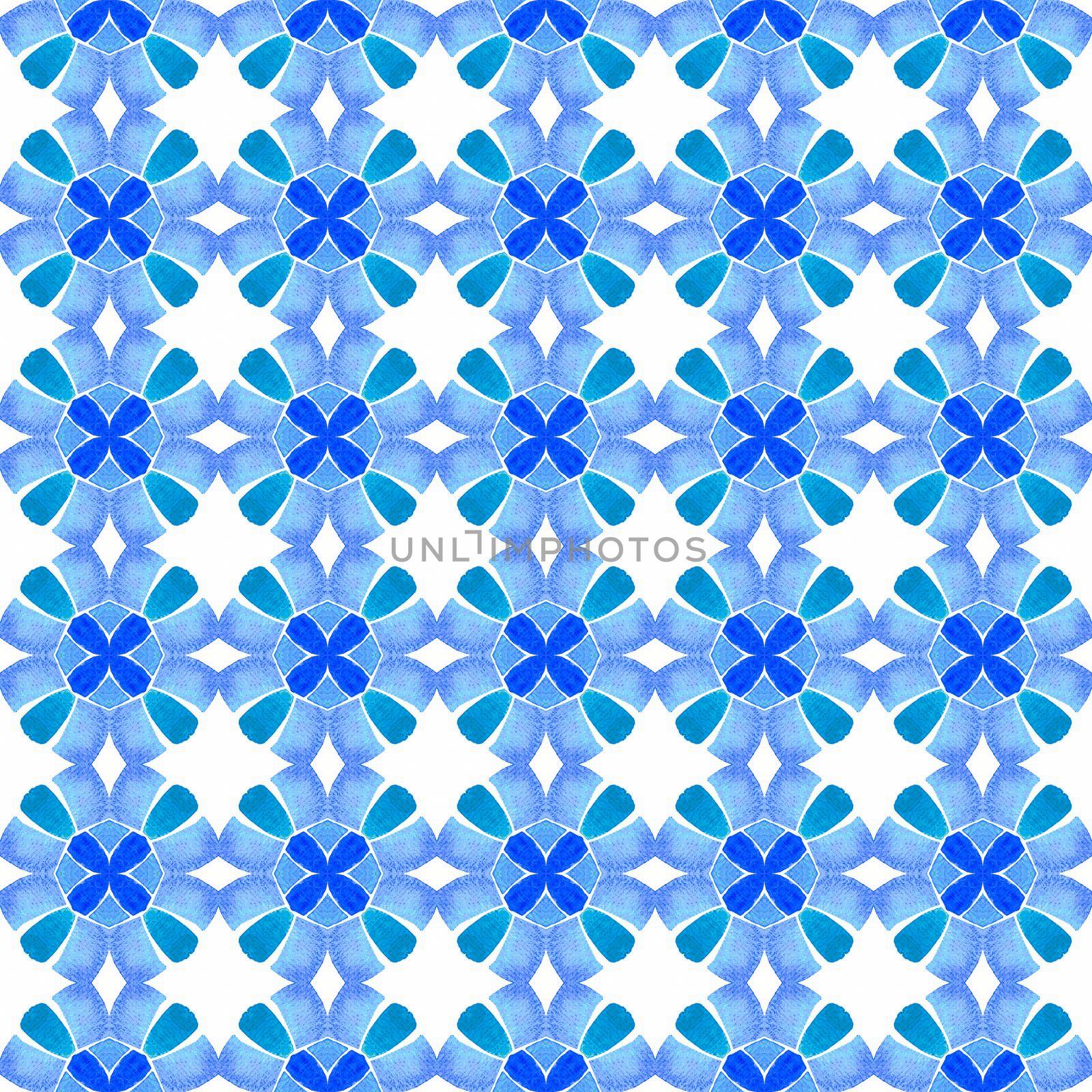 Textile ready alluring print, swimwear fabric, wallpaper, wrapping. Blue indelible boho chic summer design. Medallion seamless pattern. Watercolor medallion seamless border.