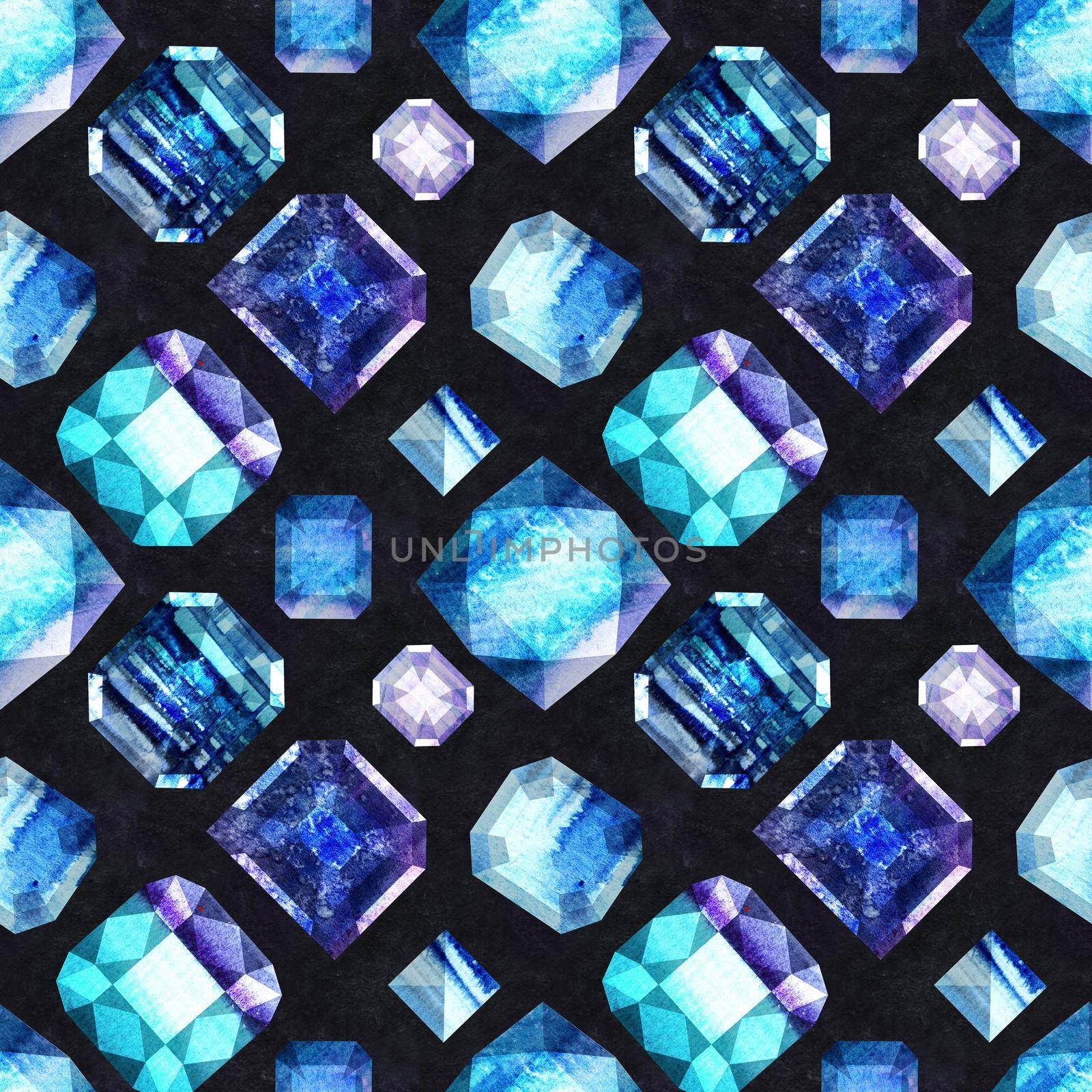 Watercolor gems seamless pattern, blue and violet colors