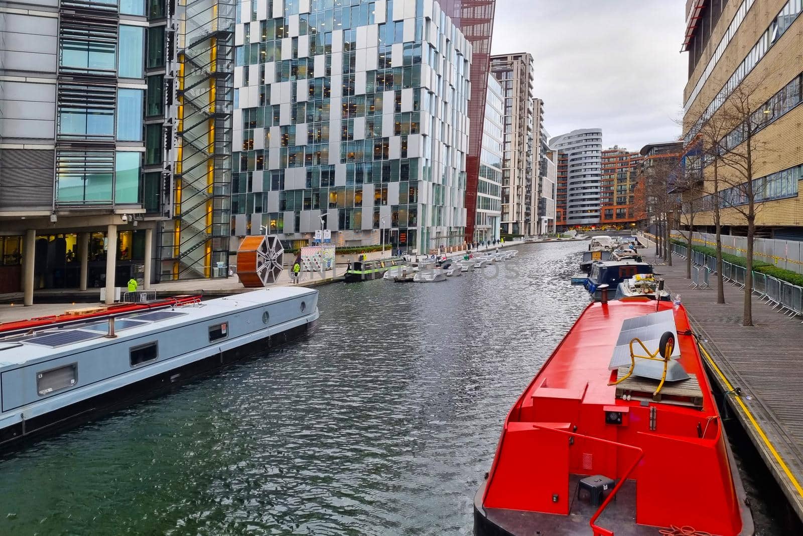 London, United Kingdom, February 7, 2022: Modern residential complex with a river jetty in London