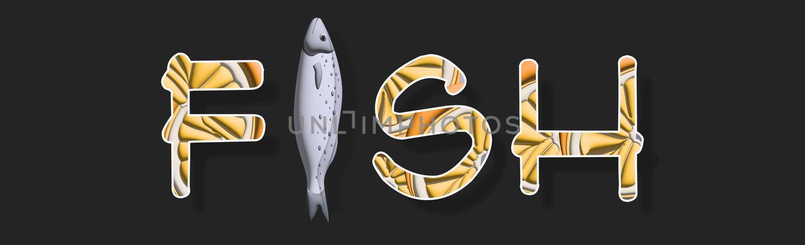 Text stylized as a fish. Stylish design for a brand, label or advertisement - 3D image