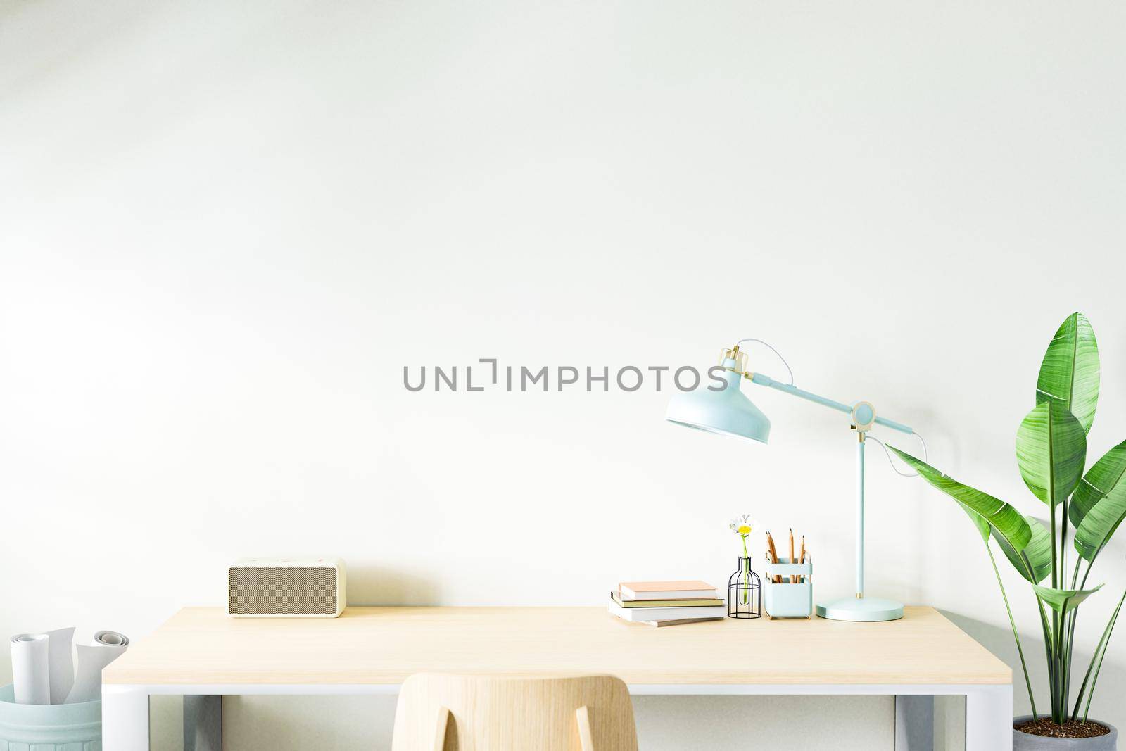 Workspace home office desk supplies on office workplace. 3D rendering. by ijeab