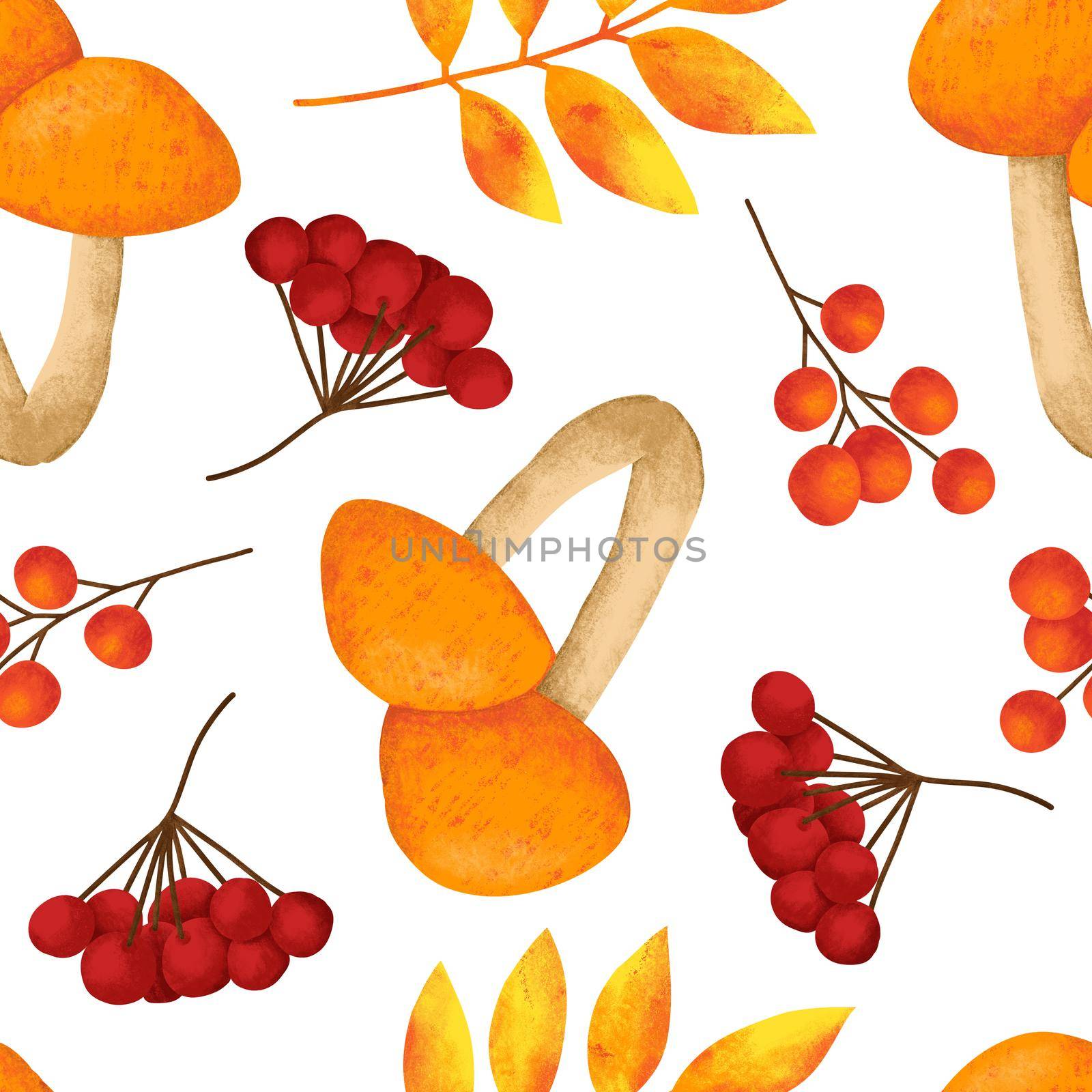 Hand drawn seamless pattern with fall autumn mushrooms fungi, wild nature background. Thanksgiving forest wood woodland fabric print in orange red yellow. For textile wallpaper wrapping paper. by Lagmar