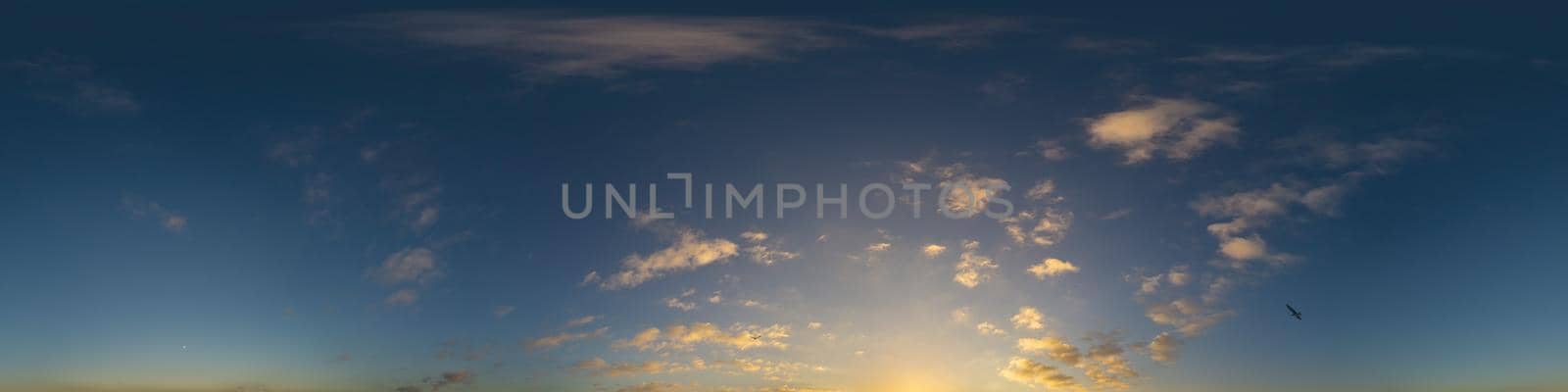 Sky panorama with Cirrus clouds in Seamless spherical equirectangular format. Full zenith for use in 3D graphics, game and editing aerial drone 360 degree panoramas for sky replacement