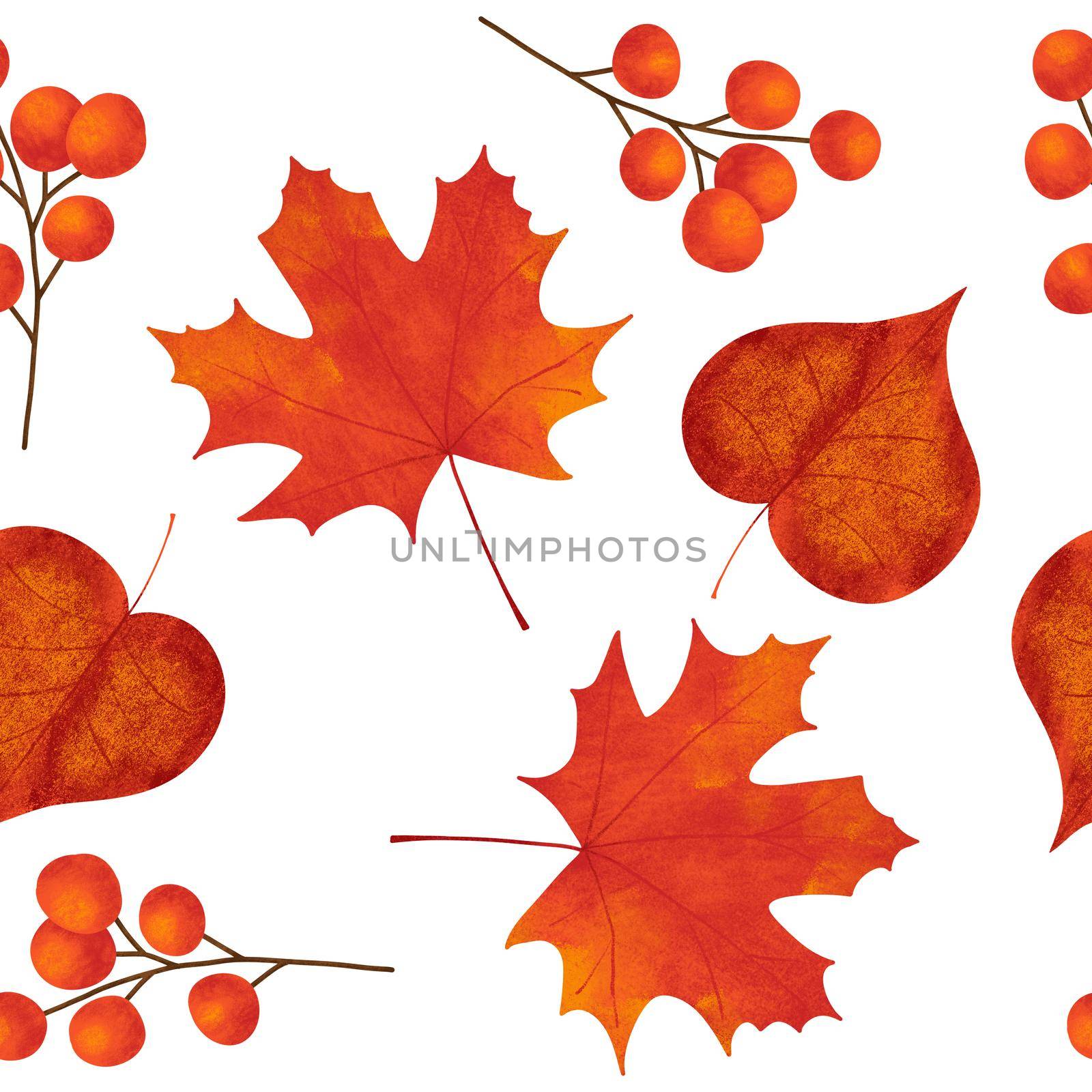 Hand drawn seamless pattern with fall autumn leaf leaves berry berries, maple oak acorn. Natural wild forest wood woodland background in red orange yellow. Vintage fabric print