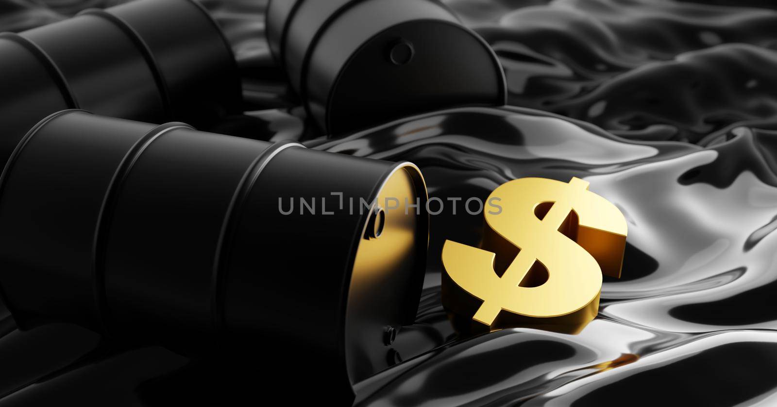 Oil barrels and gold dollar sign on crude oil 3D render by Myimagine