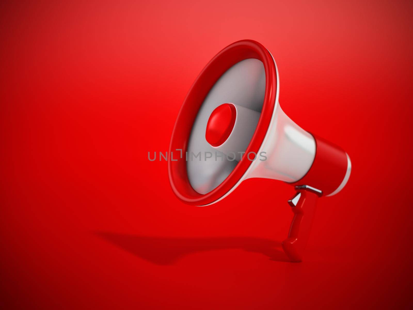 Megaphone standing on red background. 3D illustration by Simsek