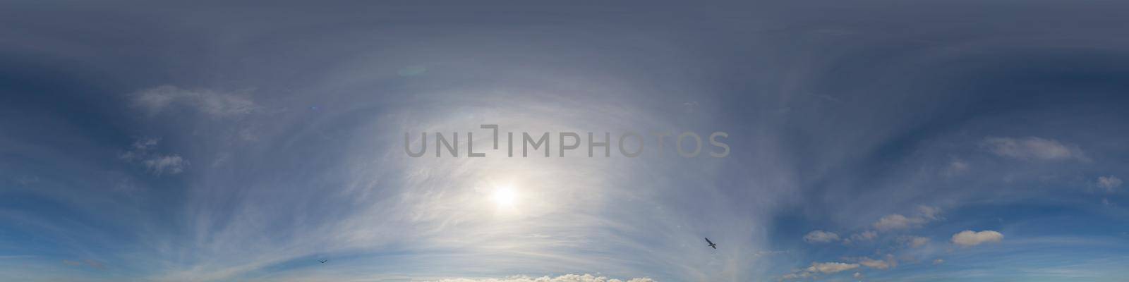 Sky panorama with Cirrus clouds in Seamless spherical equirectangular format. Full zenith for use in 3D graphics, game and editing aerial drone 360 degree panoramas for sky replacement. by Matiunina
