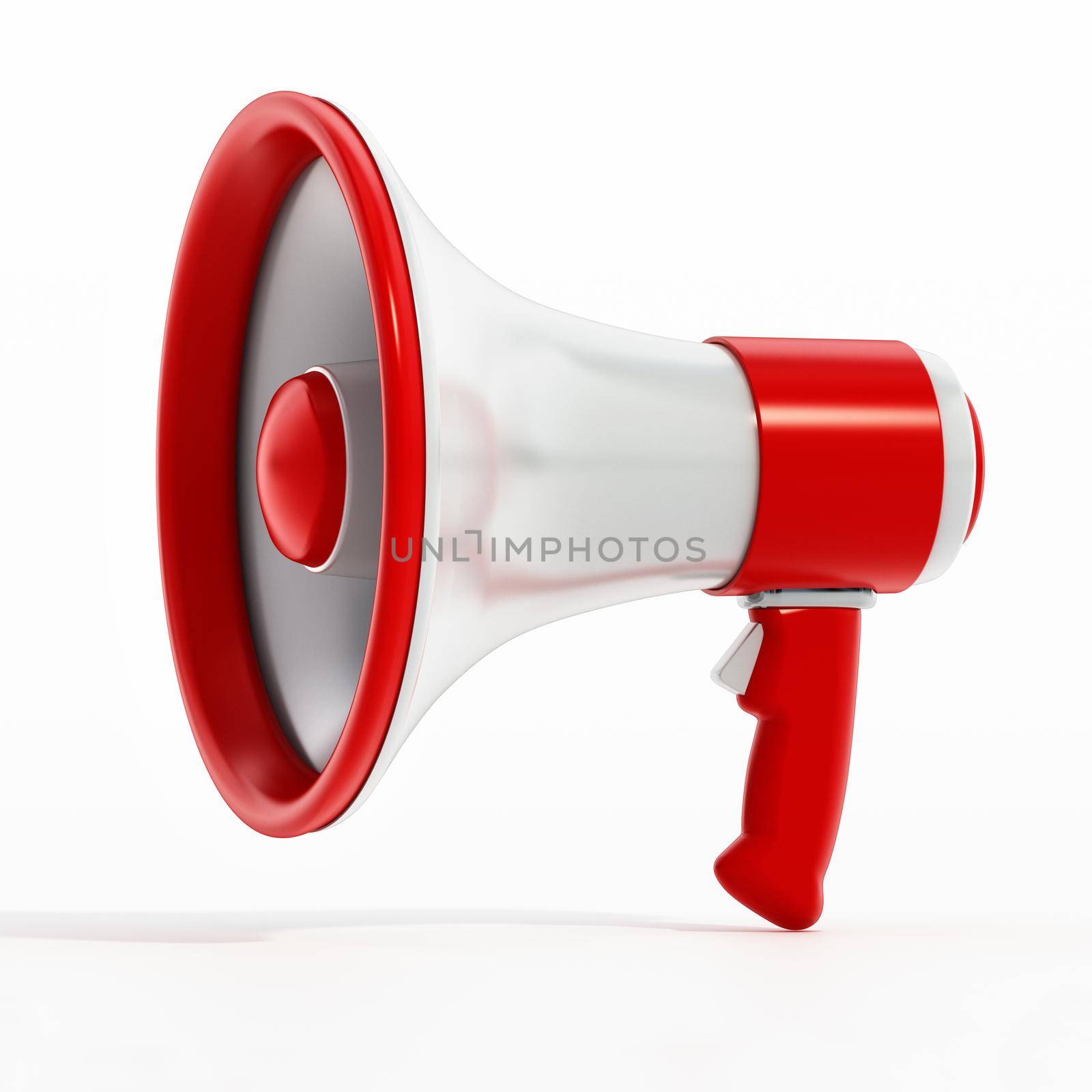 Red and white megaphone isolated on white background. 3D illustration by Simsek