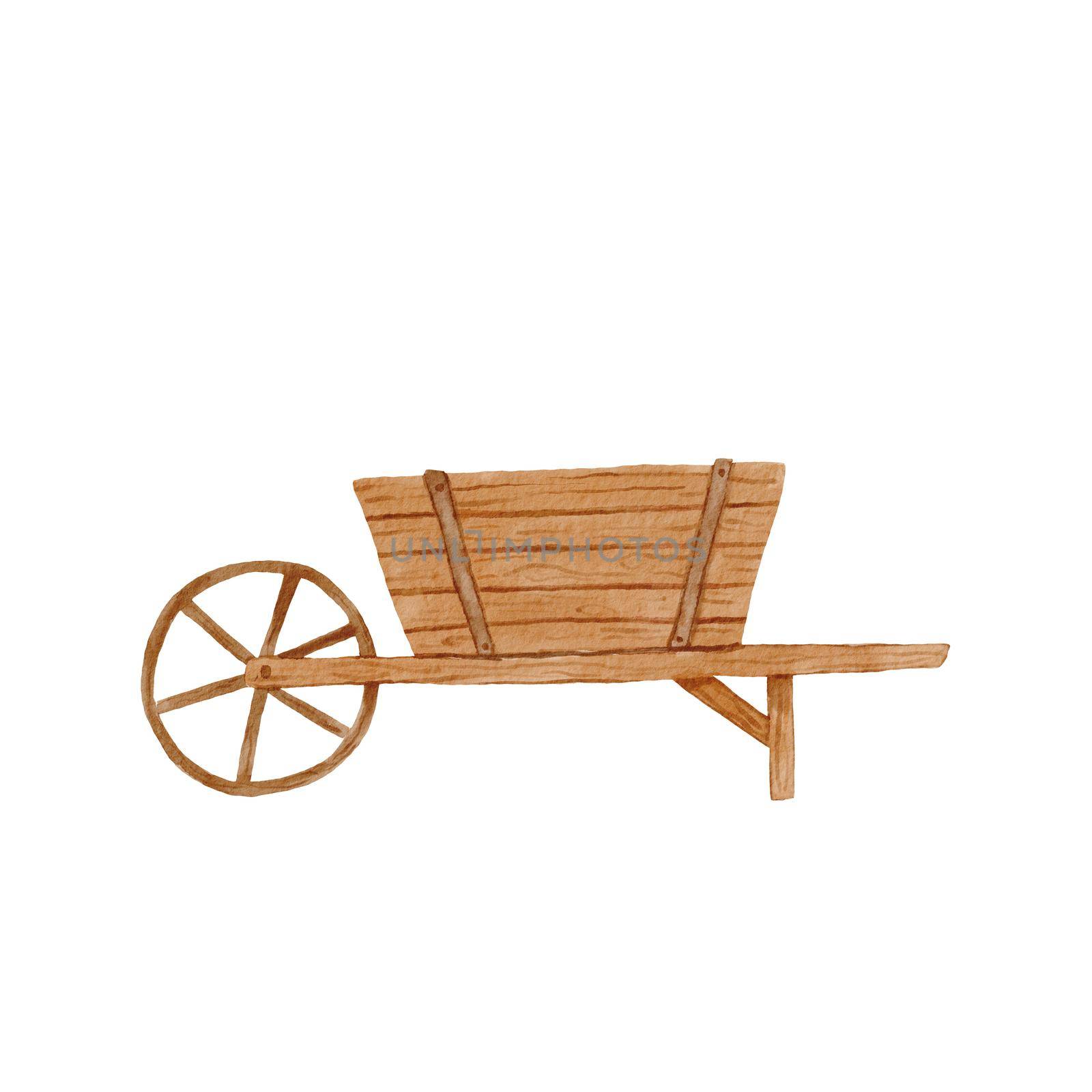 Watercolor garden wheelbarrow. Drawing illustration isplated on white background