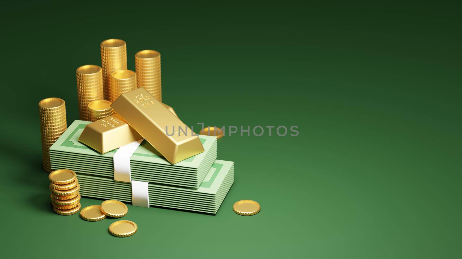 Gold savings banner concept design of gold bars and coin with dollar bank on green background 3D render