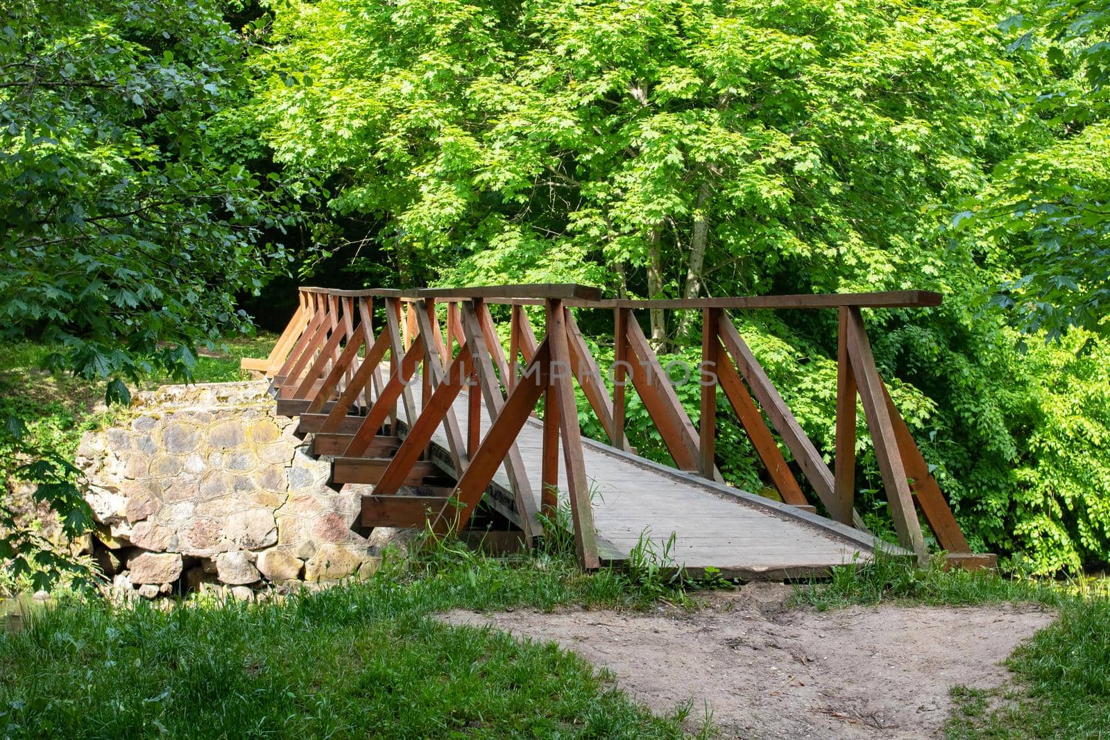 Bridge over a forest river among green bushes close up