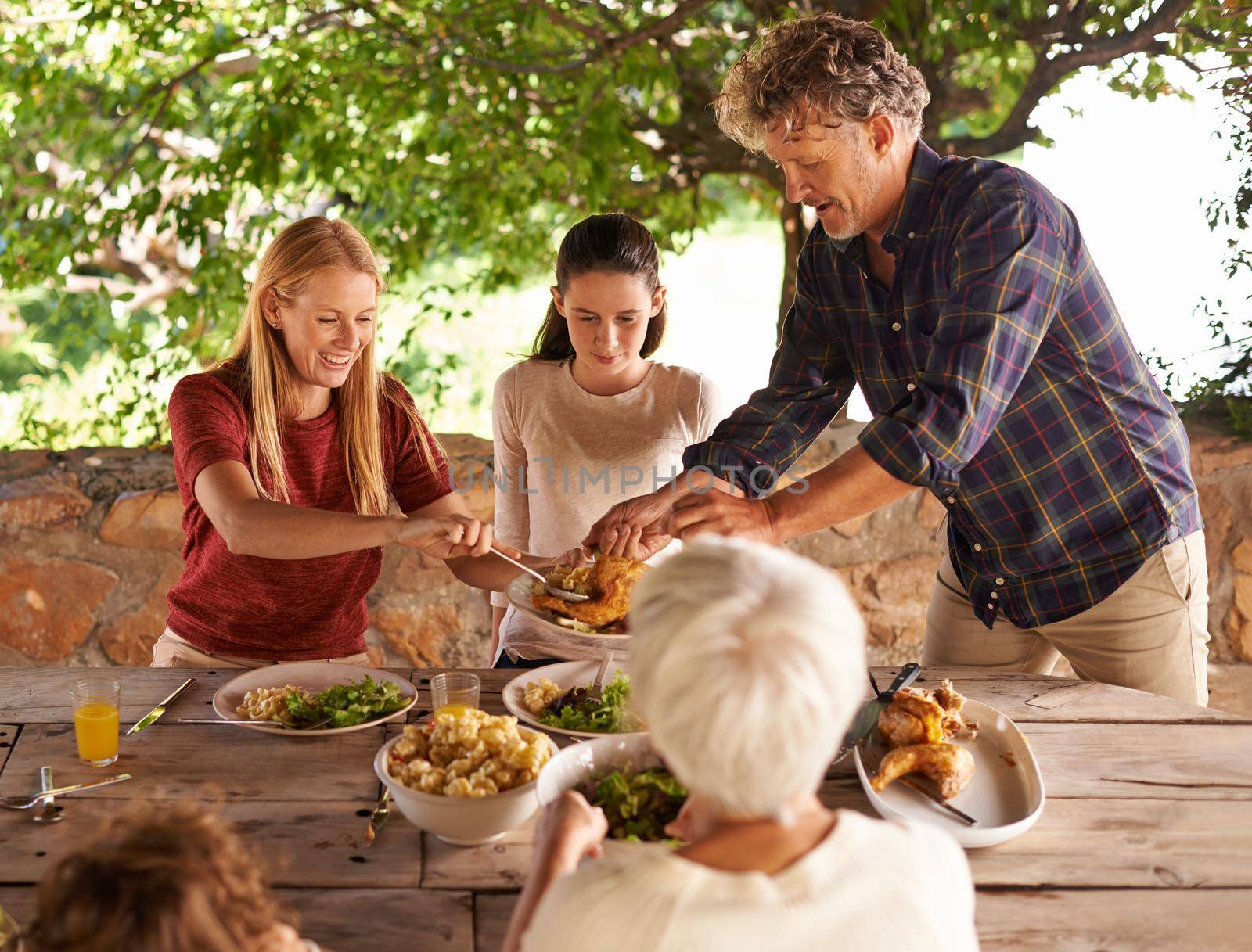 A view of a family preparing to eat lunch together outdoors.