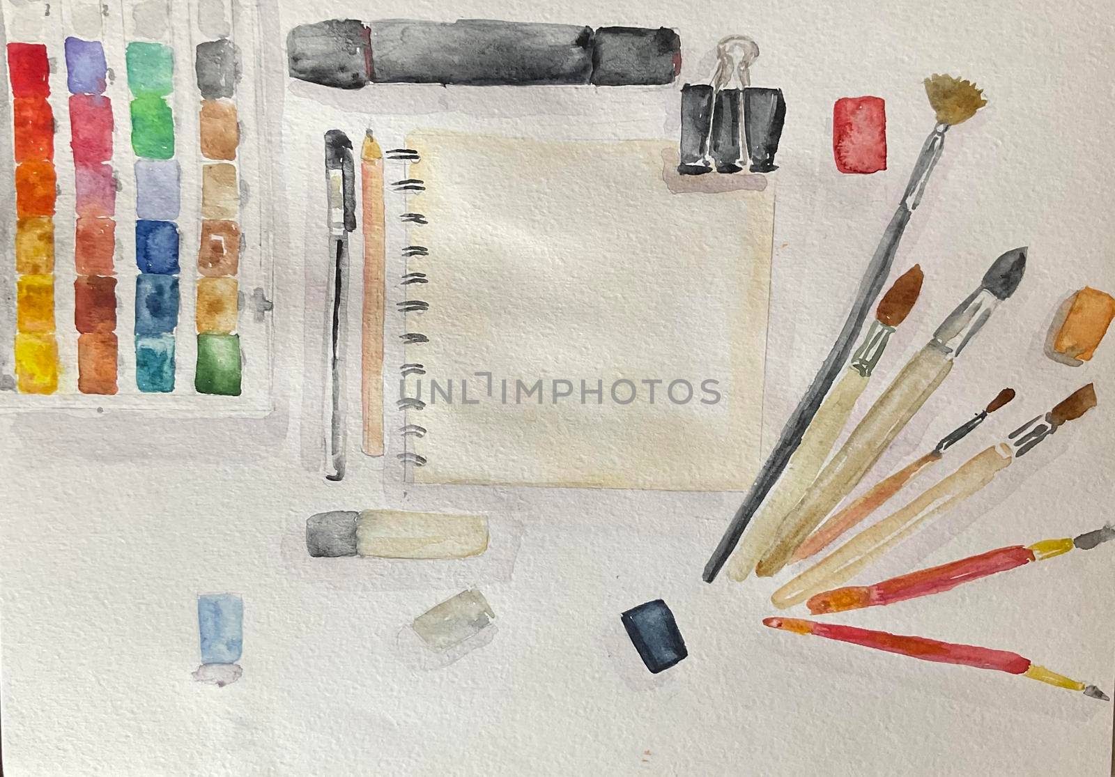 Artist's set. Paint brushes, sketchbook and colorful watercolors. Illustration isolated on white background.