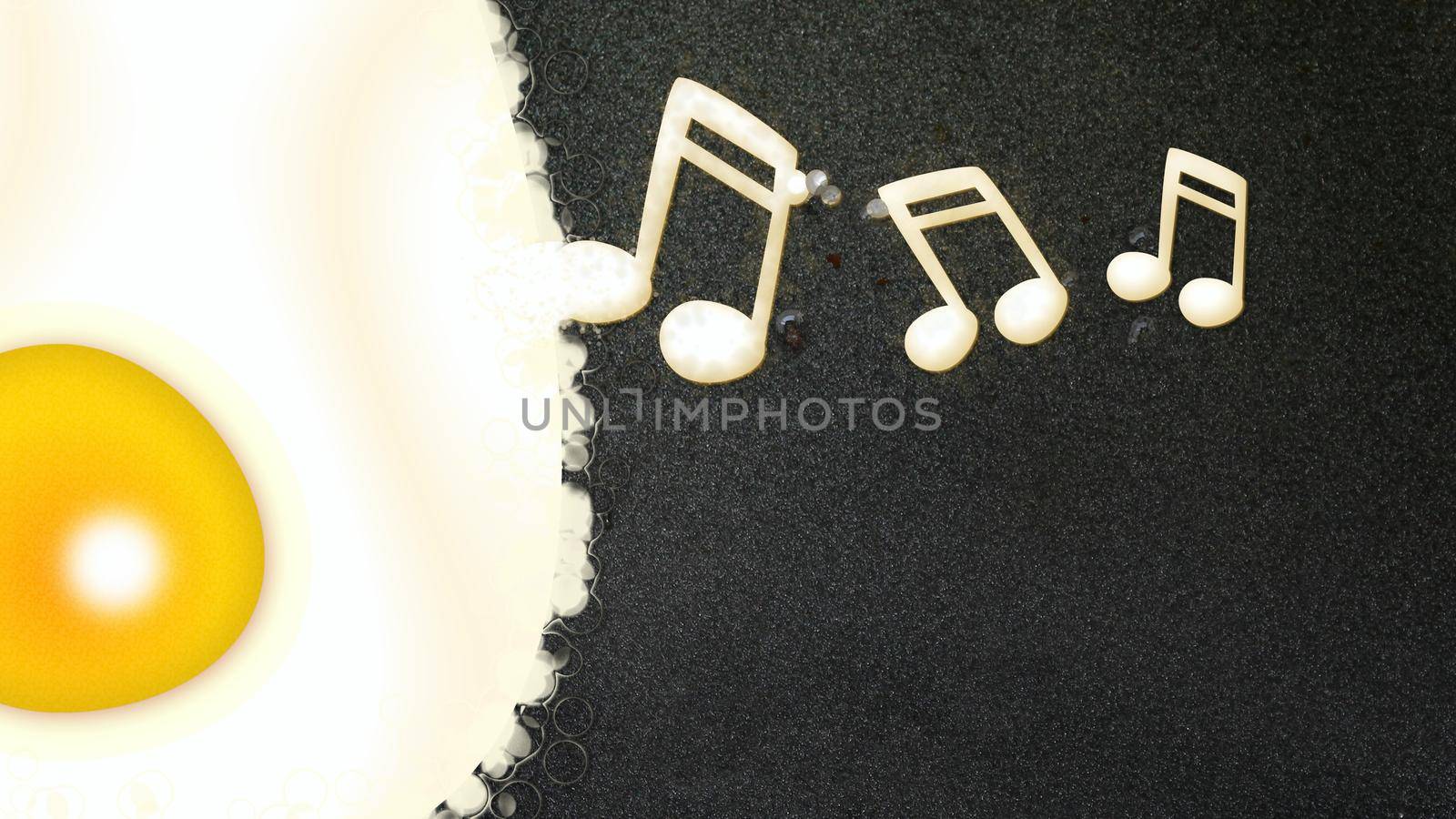 Musical notes forming from a fried egg on a frying pan