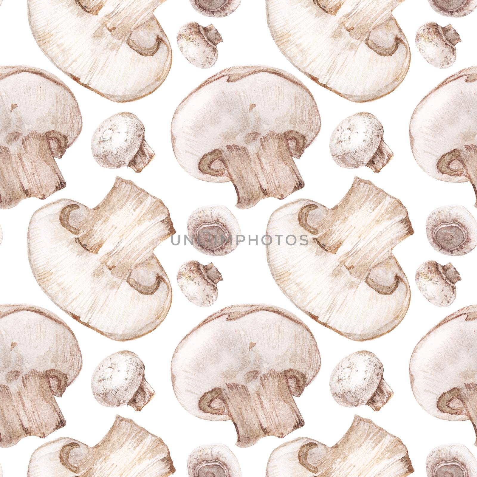 Watercolor seamless pattern with champignons on white