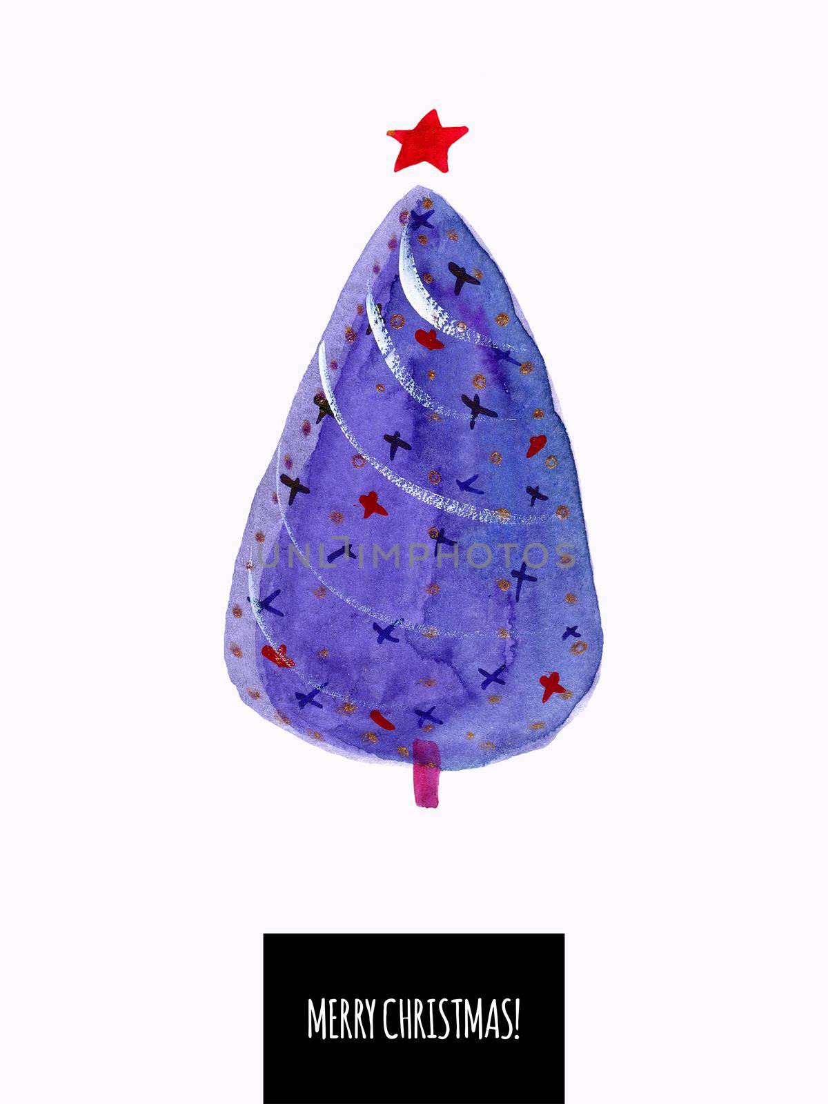 Christmas Tree Watercolor greeting posr card, white background, clipping path included