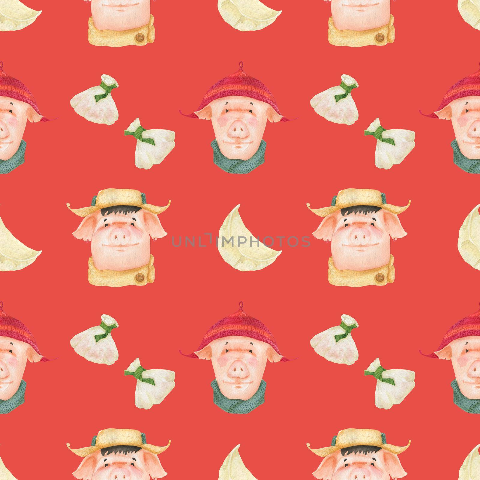 Chinese new year watercolor seamless pattern. Funny teen pigs and dumplings. Red coral background, clipping path included