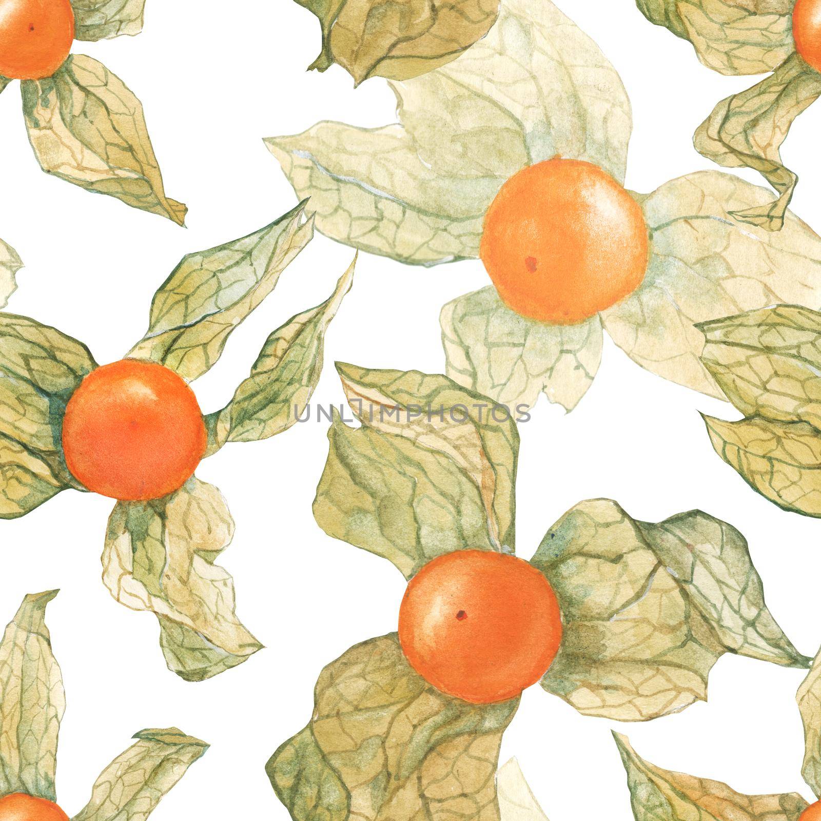 Botanical Watercolor Physalis Seamless Pattern. Flowers and berries
