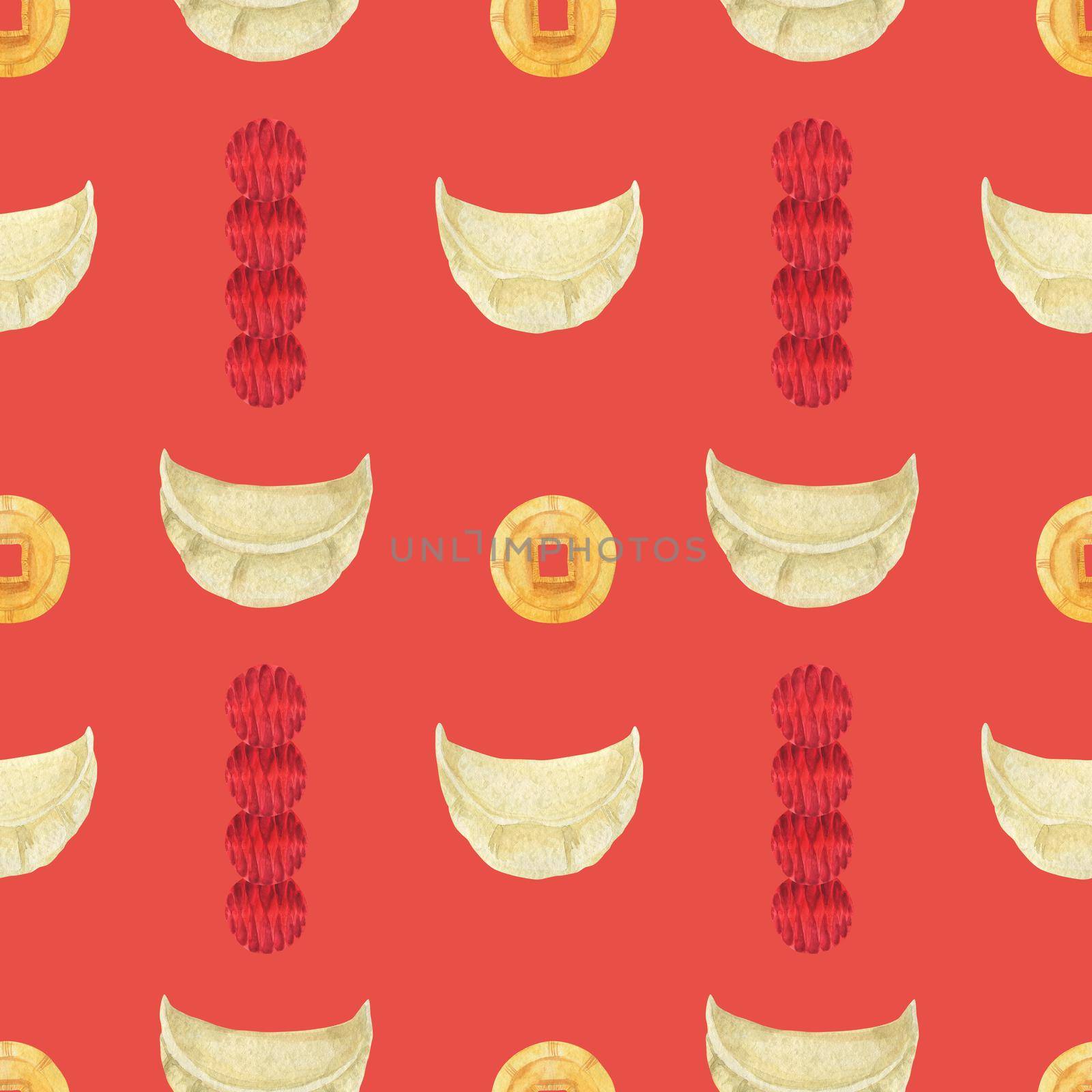 Chinese New Year watercolor seamless pattern. Boiled Dumplings and Lucky Coins. Red coral background, clipping path included